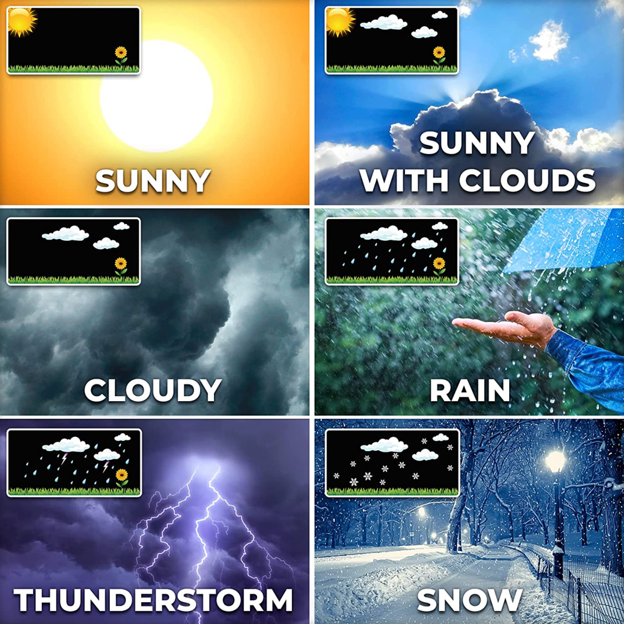 Sonne, Sonne mit Wolken, Bewölkt, Regen, Donner, Schnee.