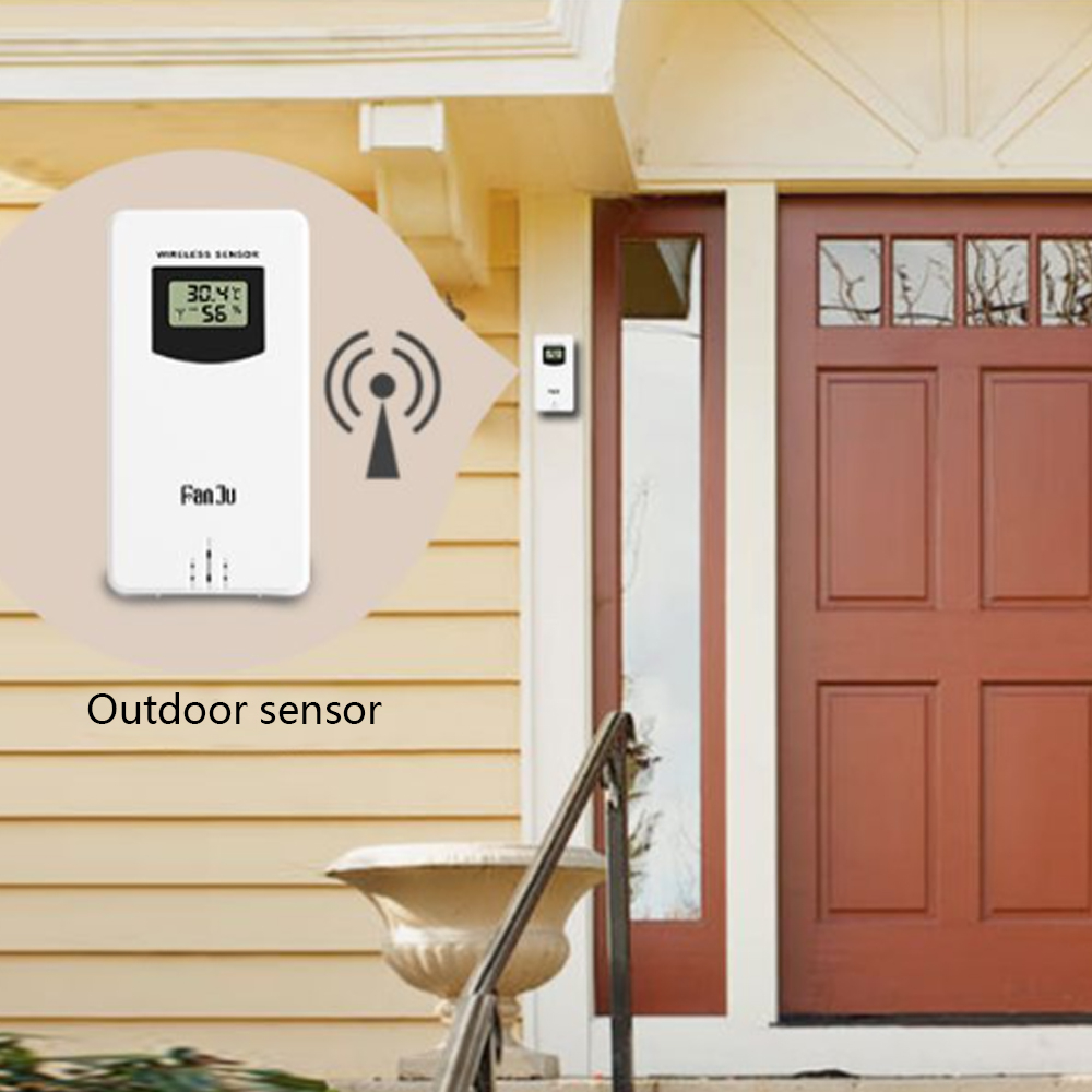 Außensensor an einer Wand neben einer braunen Tür, zeigt 30,4 °C und 56 %.