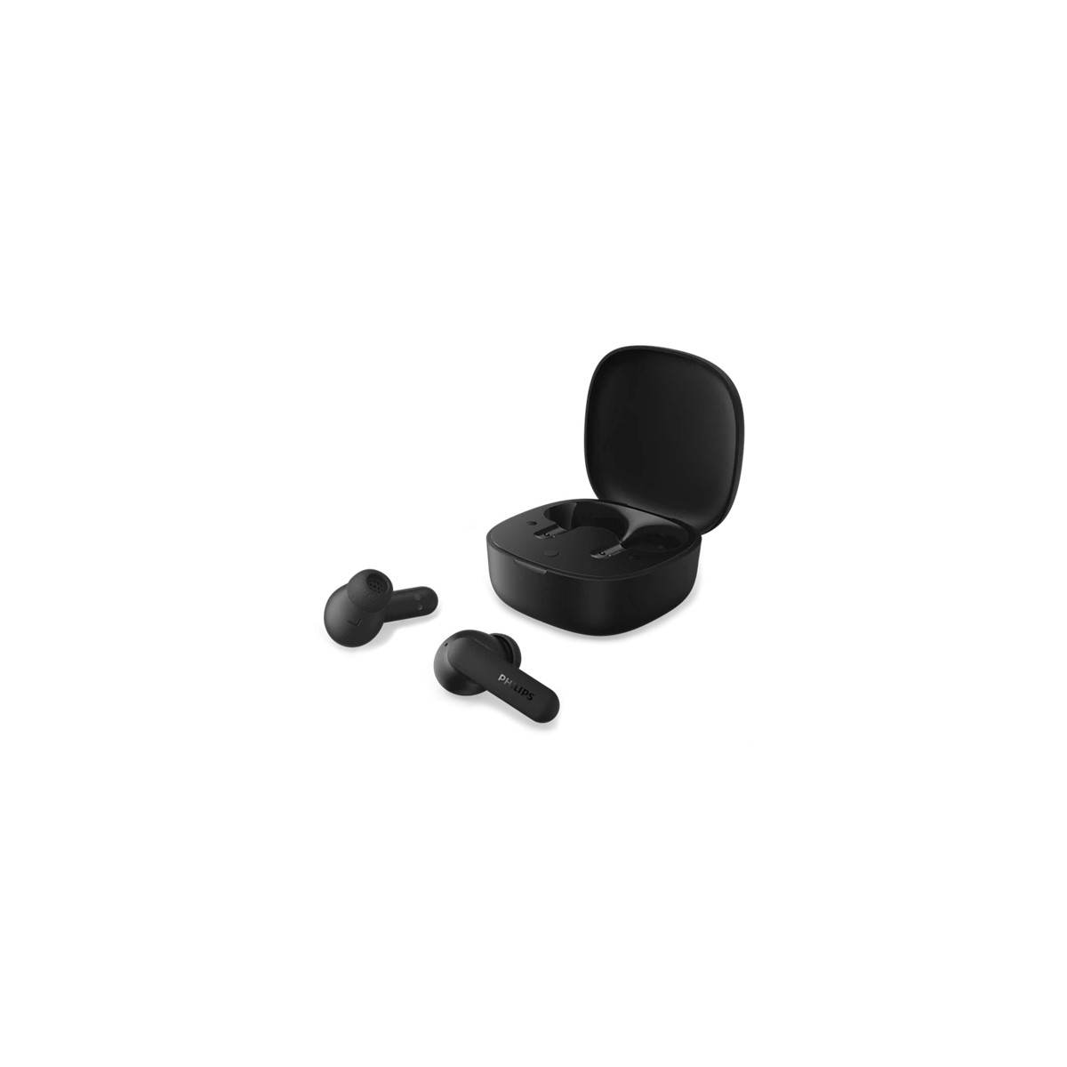 Auricolari wireless neri con custodia di ricarica su sfondo bianco.