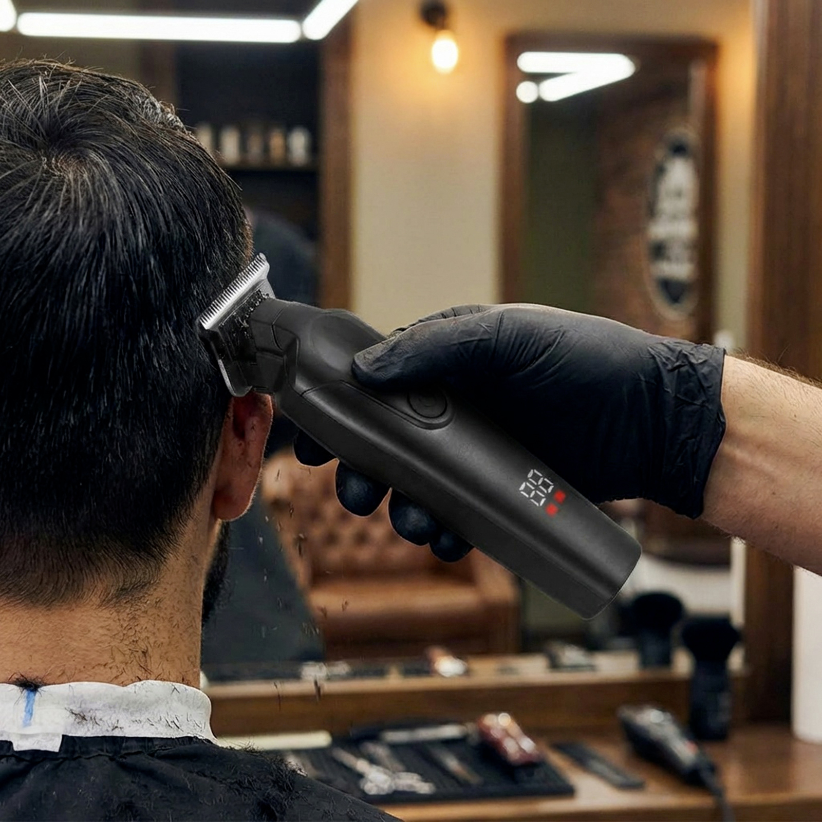 Ein Friseur trimmt das Haar eines Mannes mit einem schwarzen Haarschneider, der eine digitale Anzeige hat.