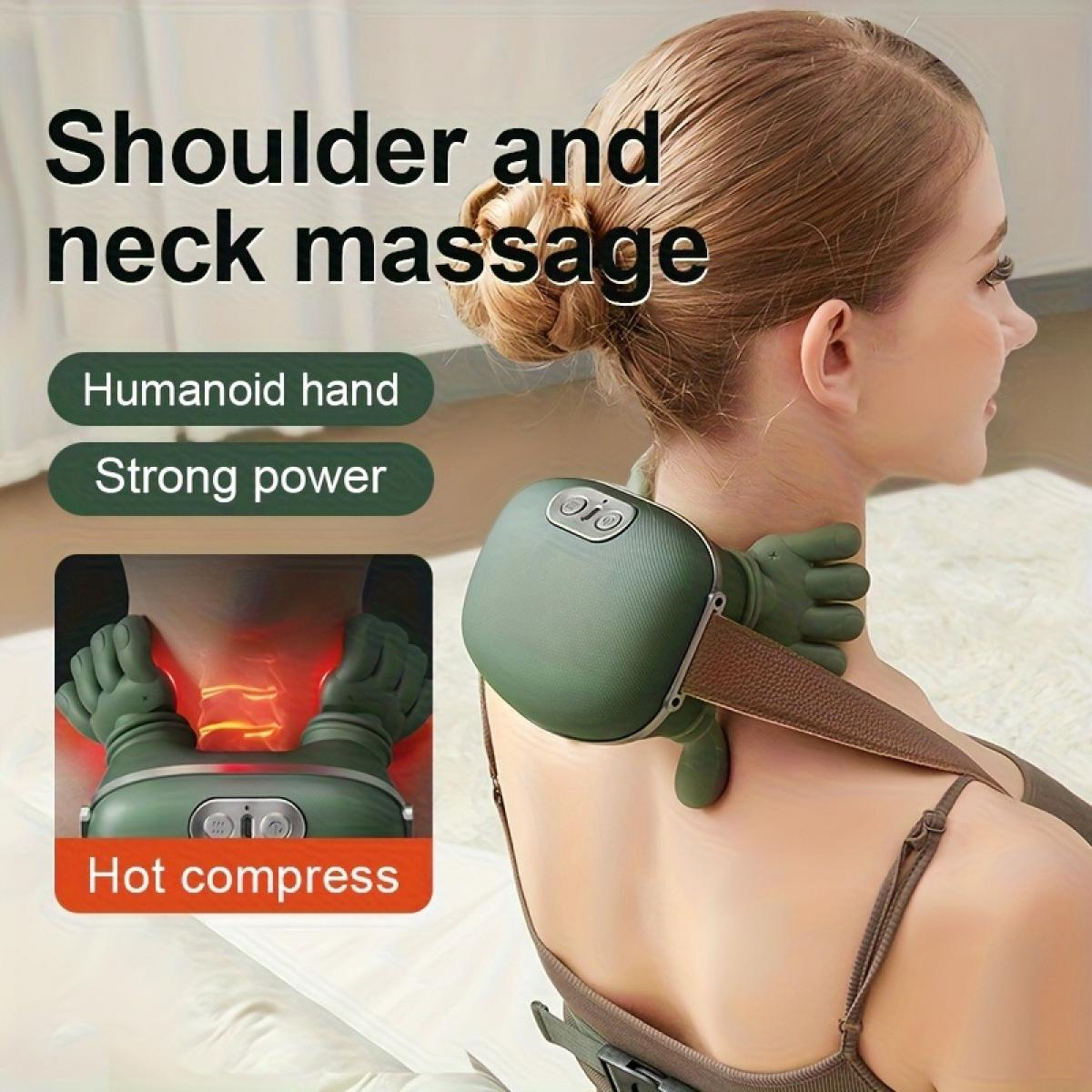 Grüner Nackenmassagegerät mit menschlichen Händen und Hot Compress Funktion.