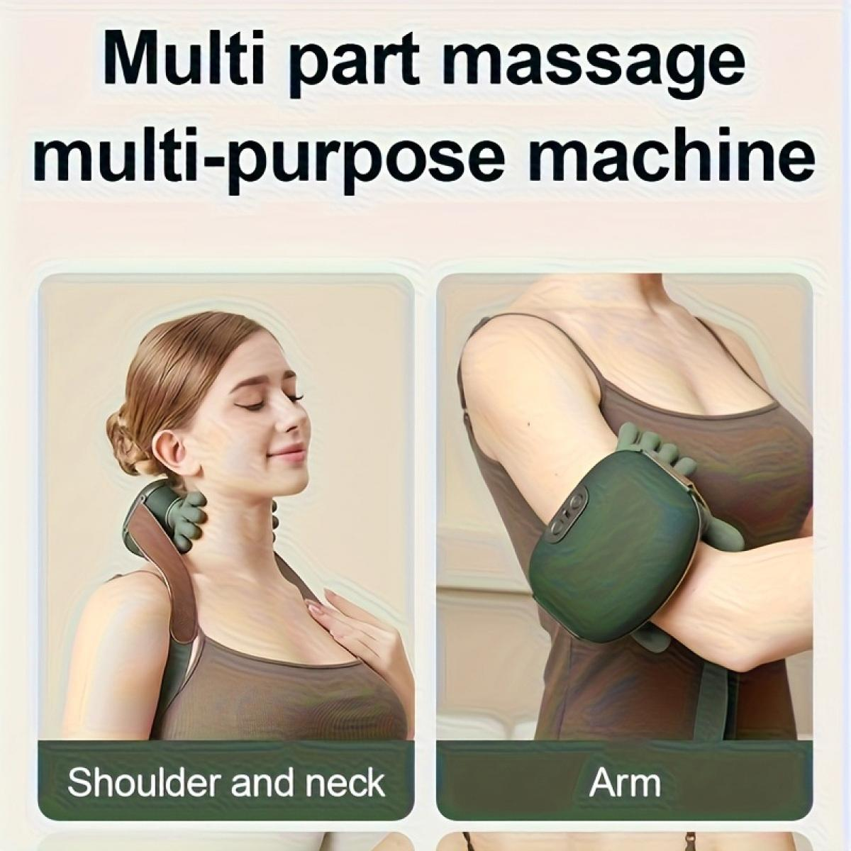 Frau mit Massagegerät am Nacken und Arm.