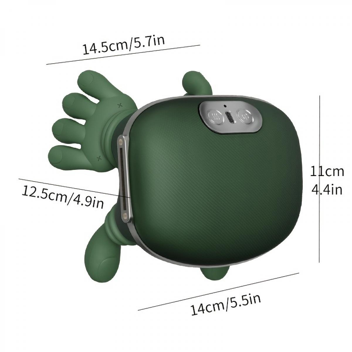 Grünes Gerät mit Händen und Maßen. 14,5 cm breit, 11 cm hoch.