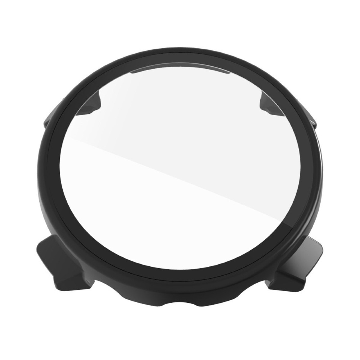 Schwarzer Uhrenschutz mit klarem Display, auf weißem Hintergrund.
