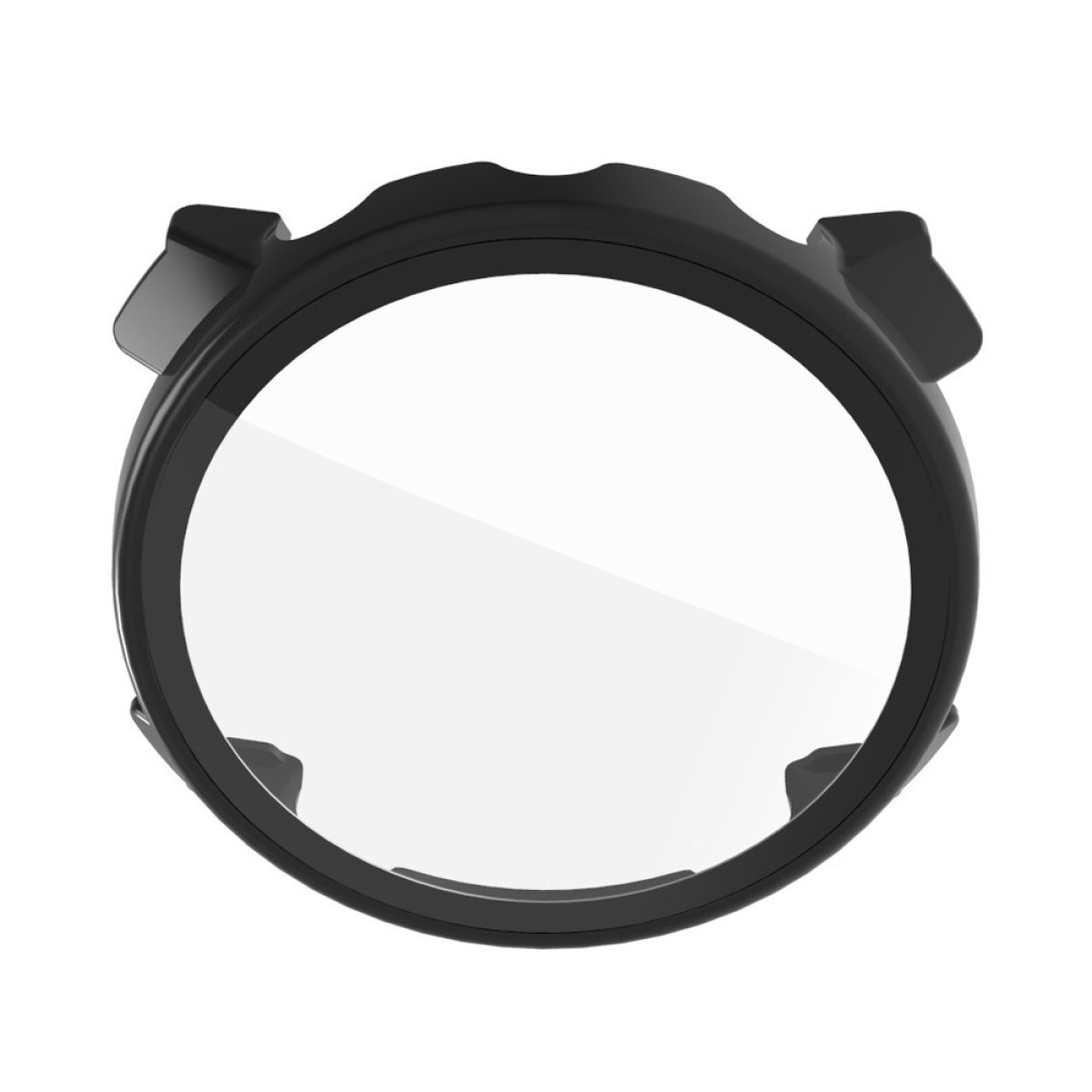 Schwarzer Uhrenschutz mit transparentem mittlerem Bereich, weißer Hintergrund.