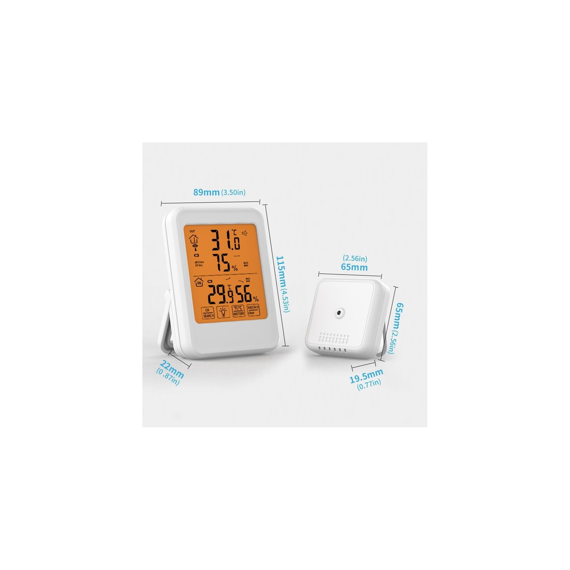 Ein digitales Thermometer mit Außensensor und Maßen.