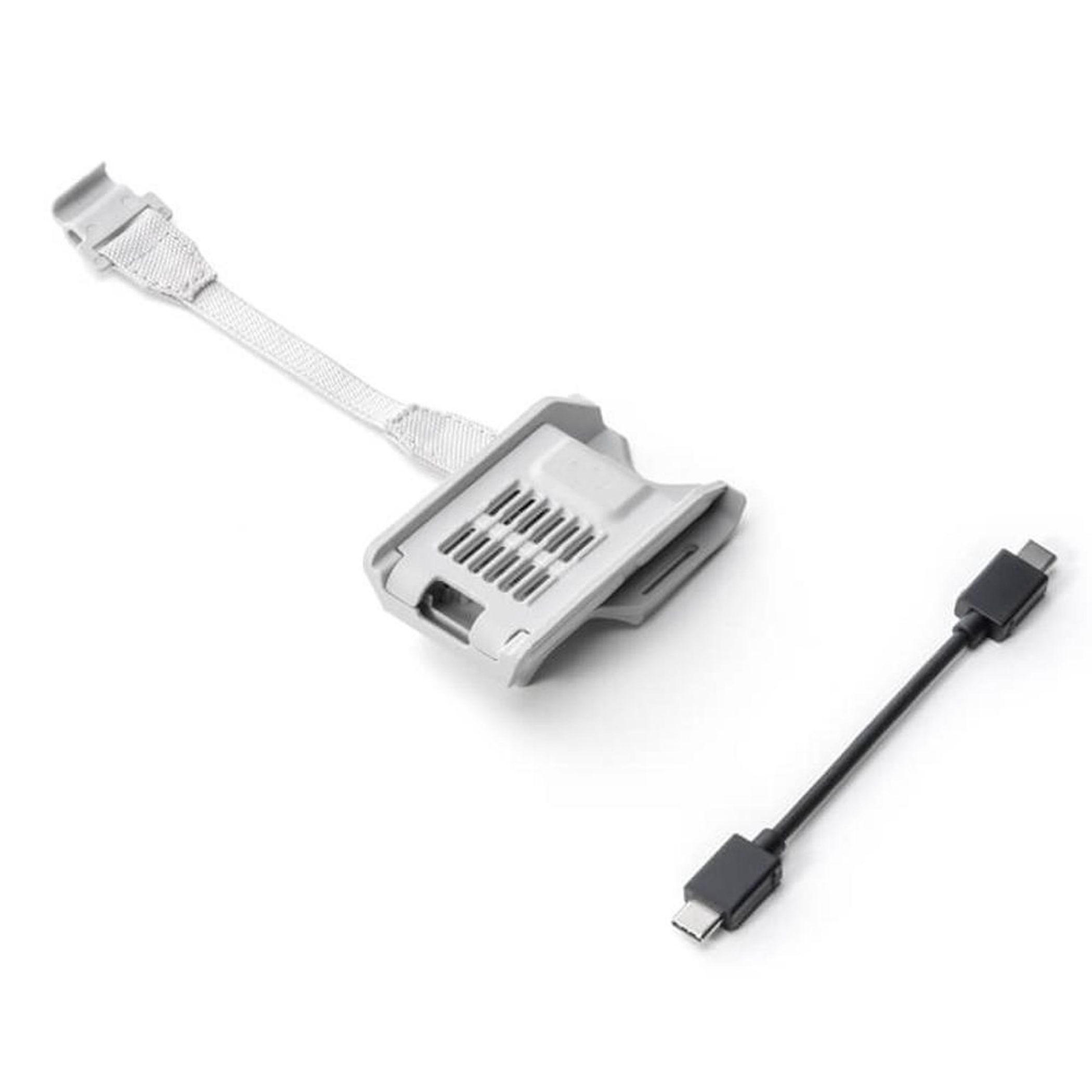 Grauer Halter mit Schlaufe und schwarzem USB-C-Kabel auf weißem Hintergrund.