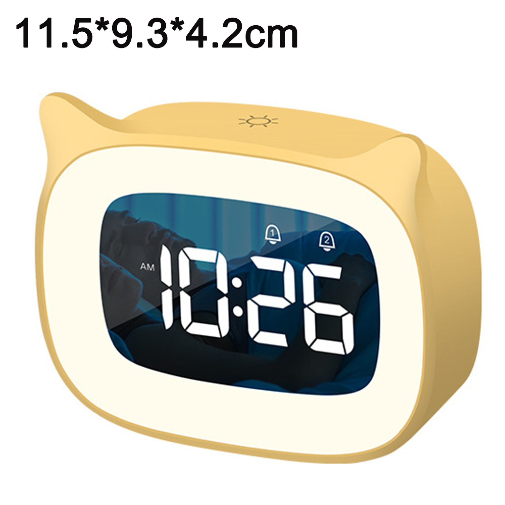 Gelbe Digitaluhr mit Katzendesign, zeigt 10:26 Uhr an.