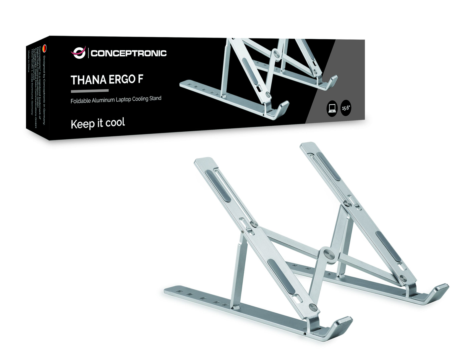 Zwei silberne Aluminium-Laptopständer, zusammenklappbar, mit grauen Gummipads.
