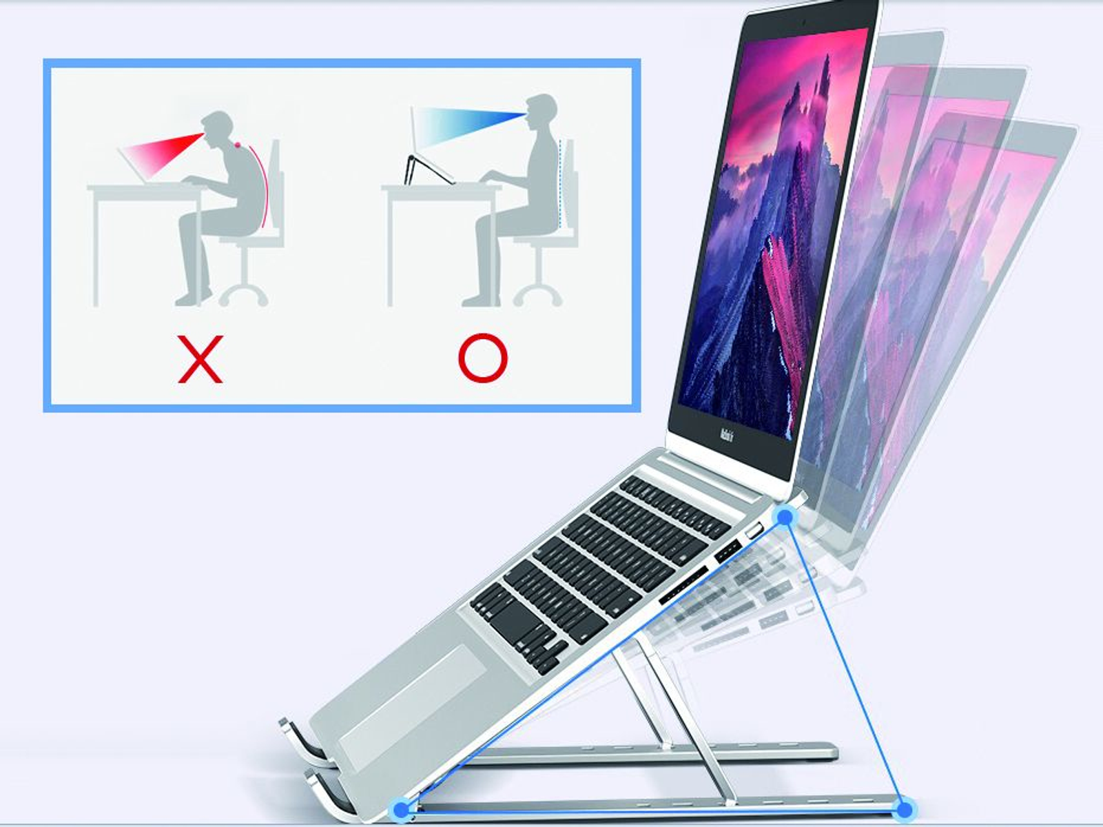 Laptopständer mit Illustration guter und schlechter Haltung. Grauer Hintergrund.