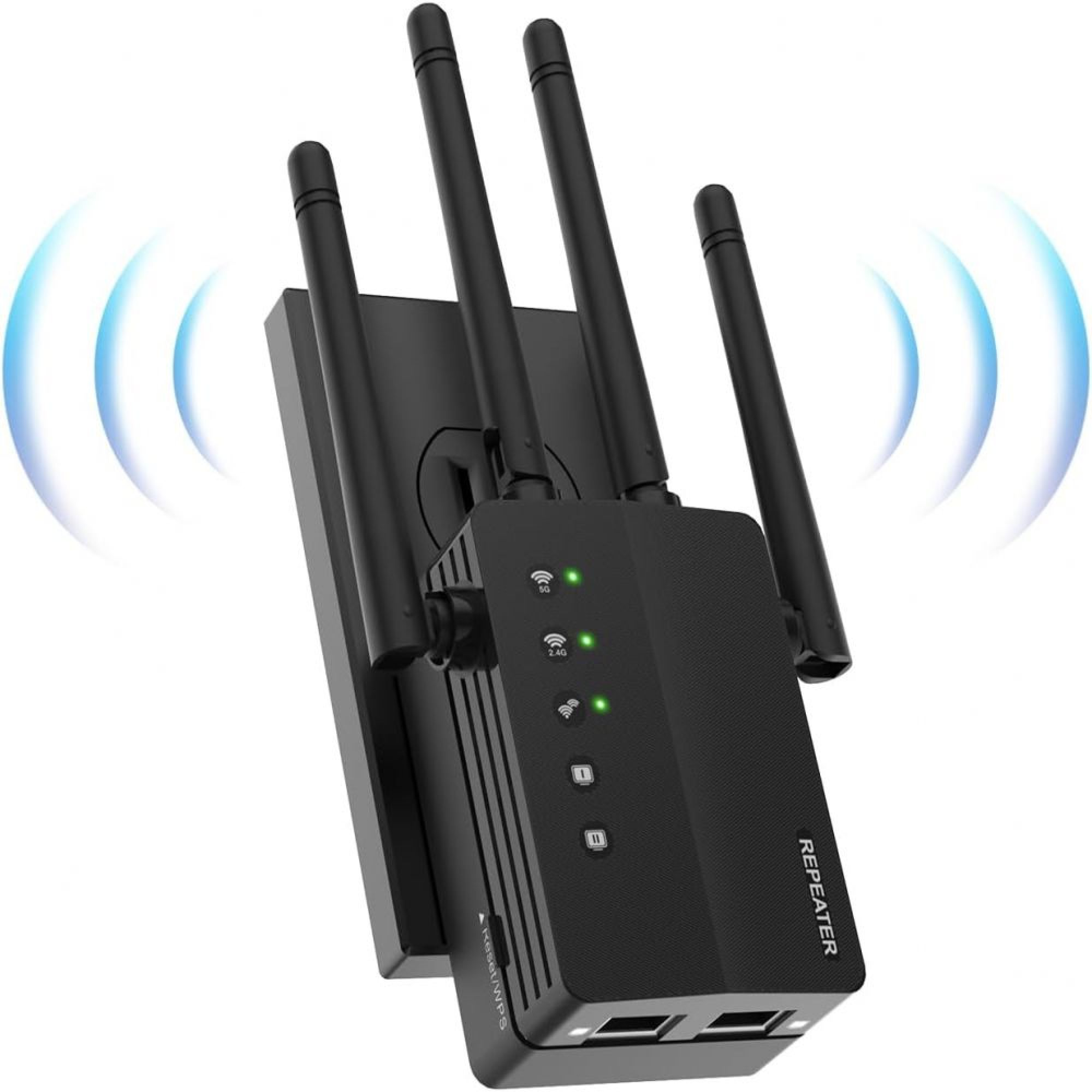 Schwarzer WLAN-Repeater mit vier Antennen und grünen Lichtern.