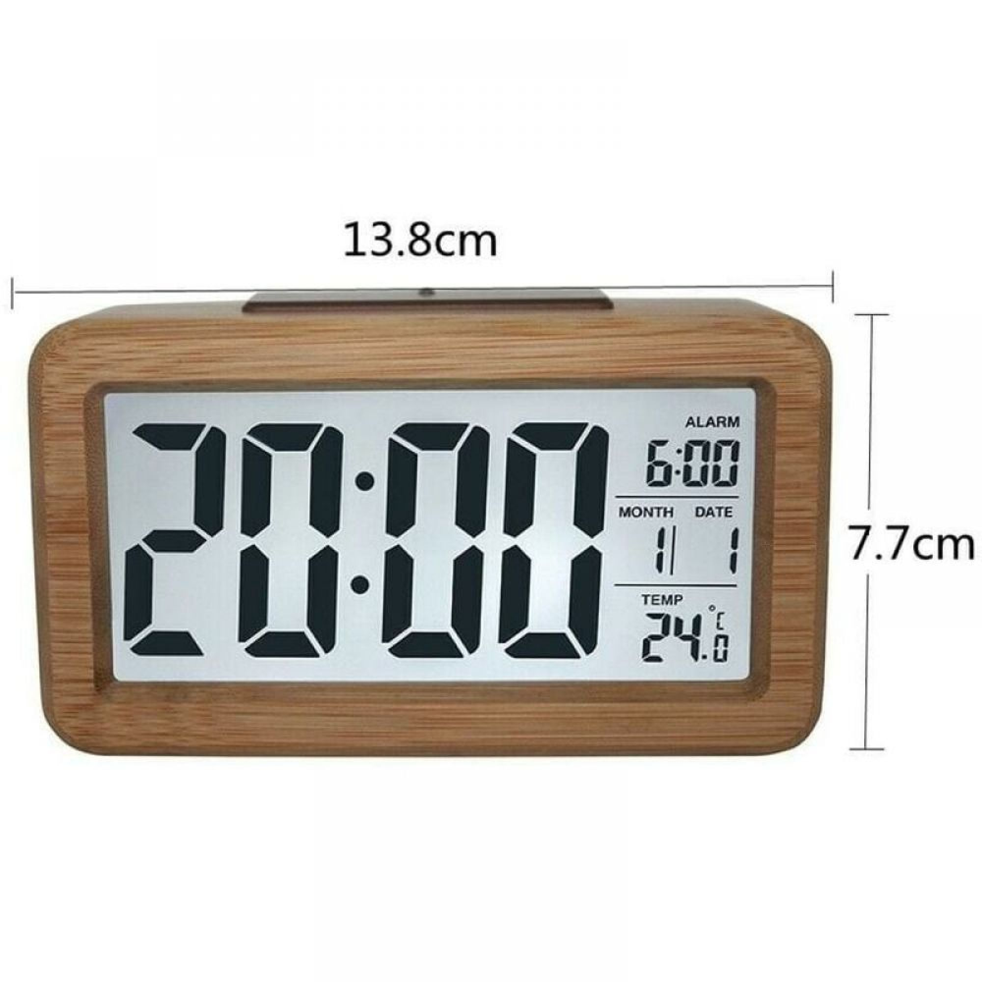 Digitaluhr mit Holzgehäuse zeigt 20:00 Uhr, 6:00 Uhr Alarm, 11. Monat, 1. Datum, 24°C.