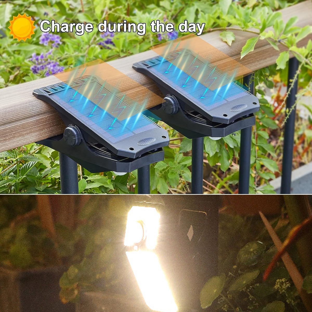 Zwei Solarleuchten, die tagsüber aufgeladen werden und nachts leuchten.