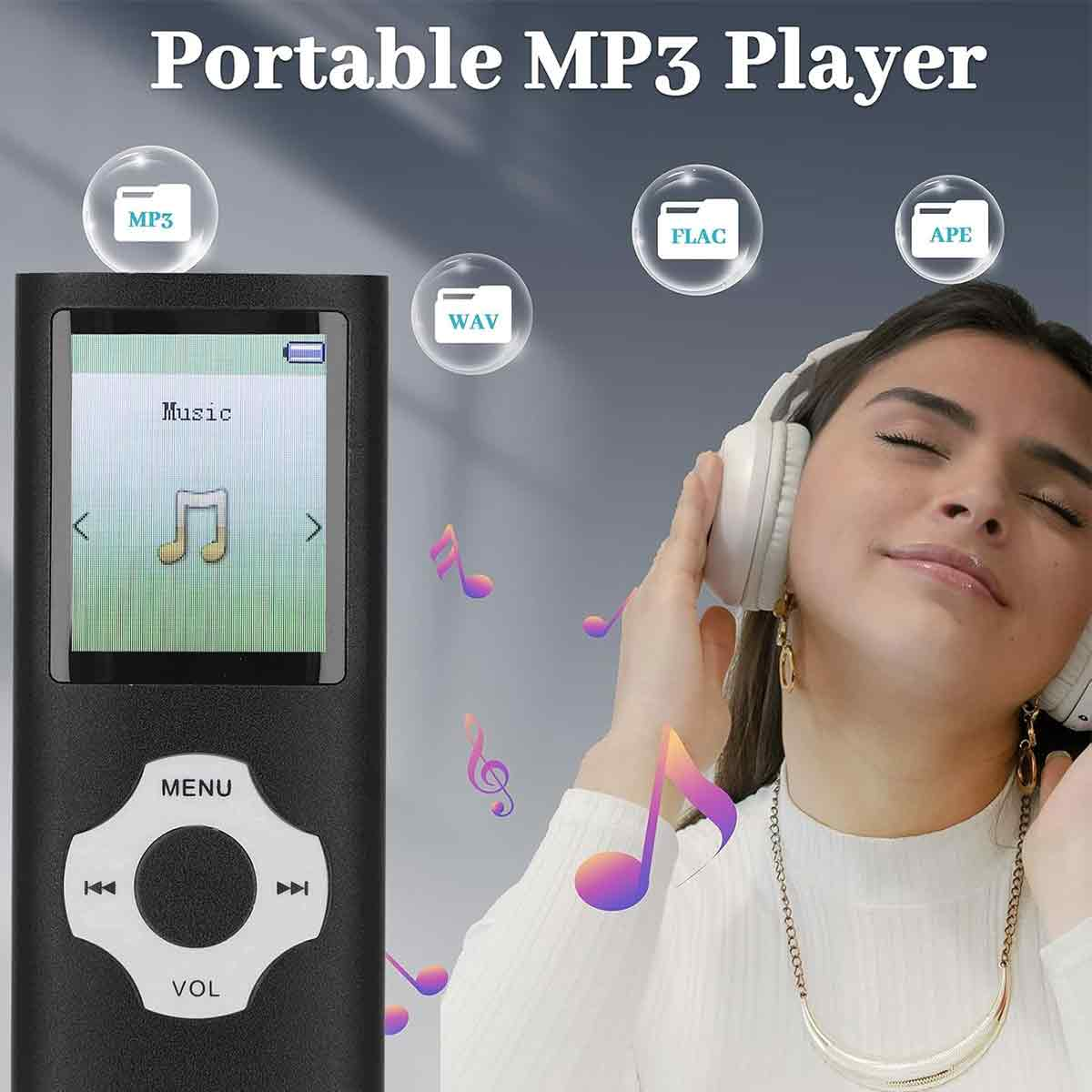 Schwarzer MP3-Player mit Kopfhörern und Musiknoten-Symbolen.