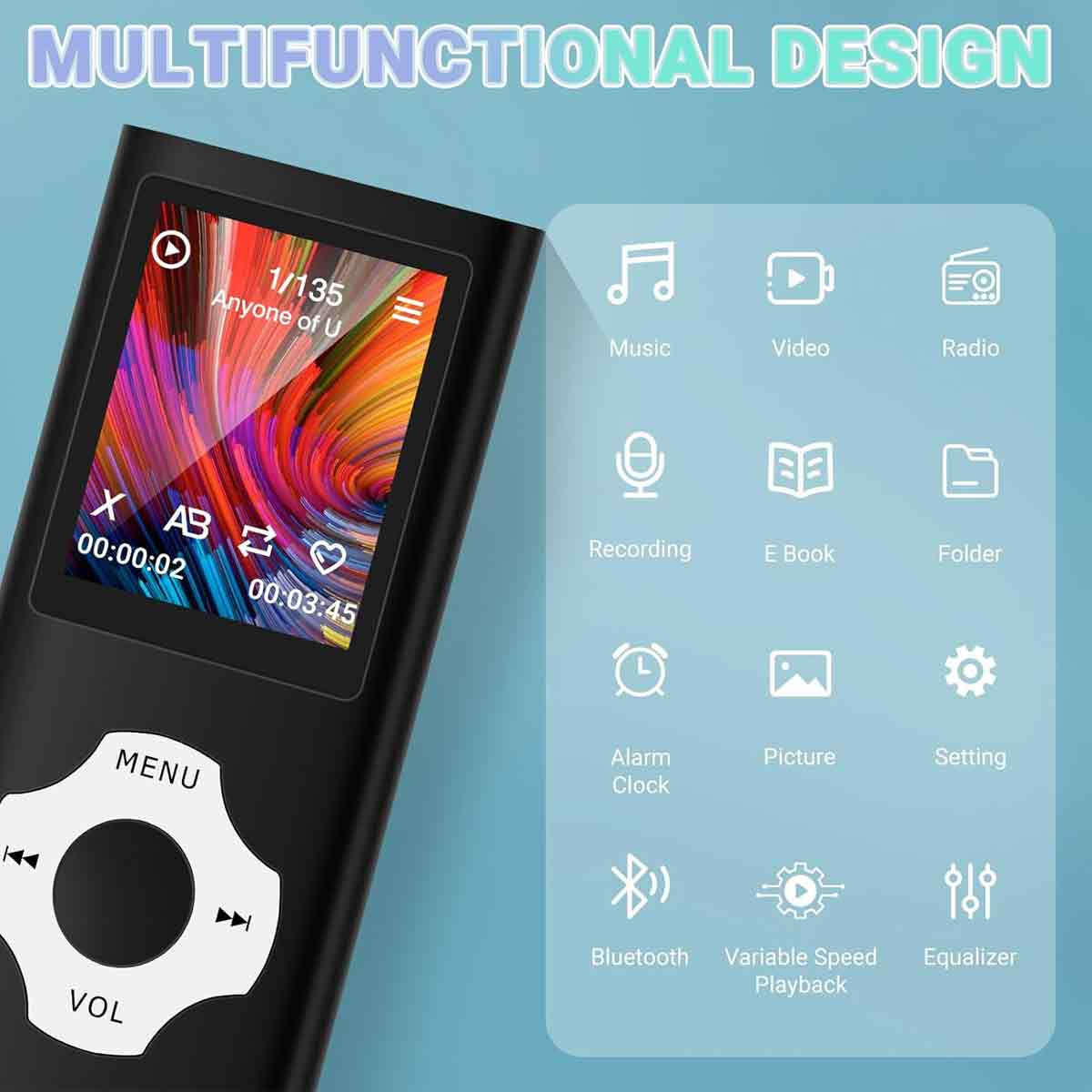 Schwarzer MP3-Player mit buntem Bildschirm, der Songinfos und Symbole für verschiedene Funktionen anzeigt.