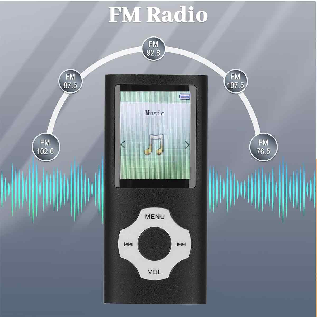 Ein schwarzer FM-Radio-Player mit Musiknotensymbol und Frequenzen.