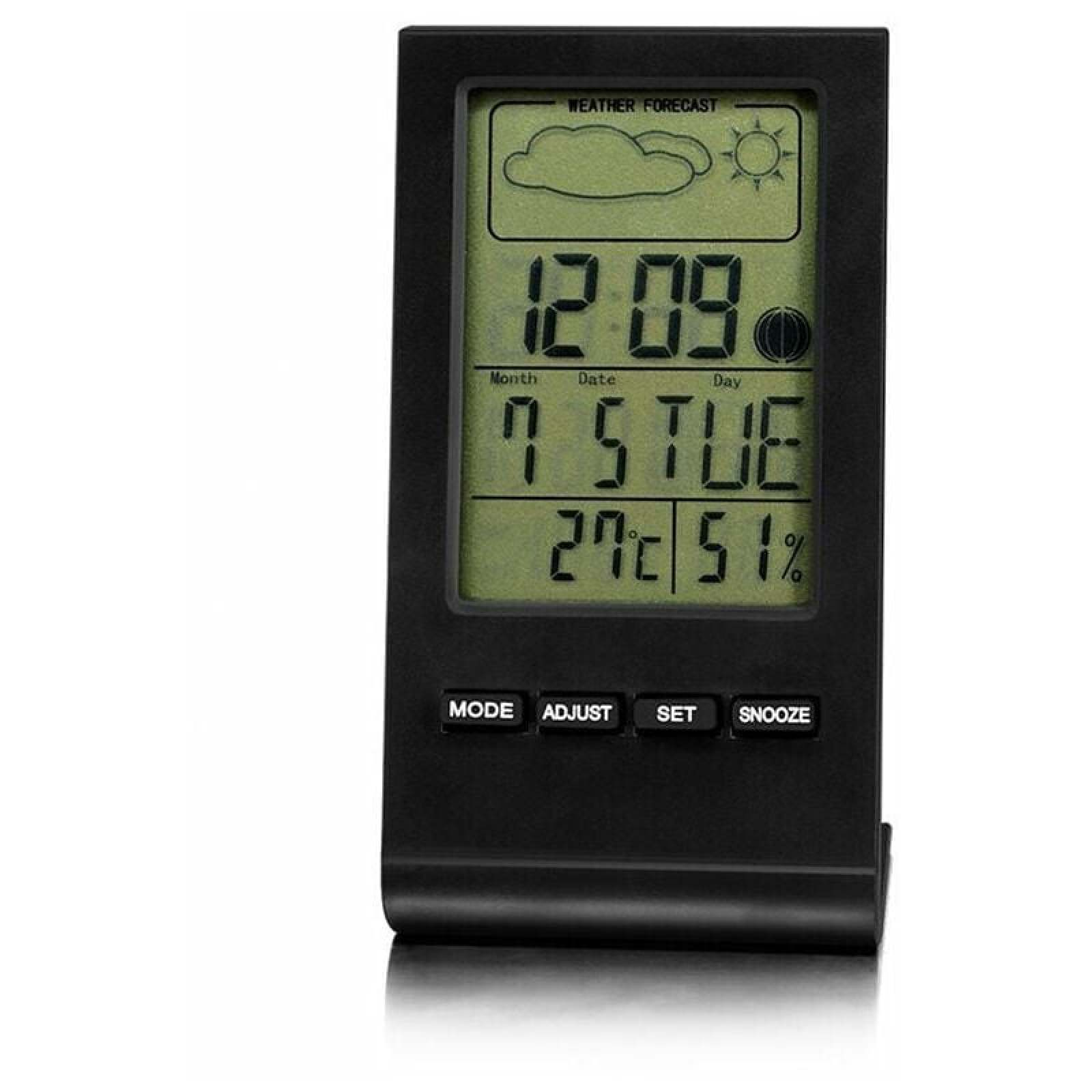 Ein schwarzer Wetterwecker zeigt 12:09, Dienstag, 7, 27 Grad und 51% Luftfeuchtigkeit an.