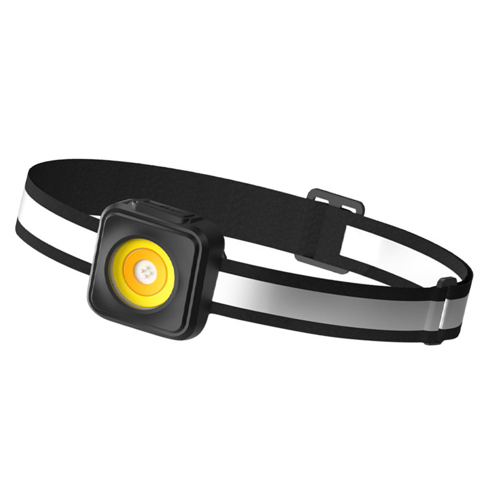 Eine schwarze Stirnlampe mit reflektierenden Streifen und hellem Licht.