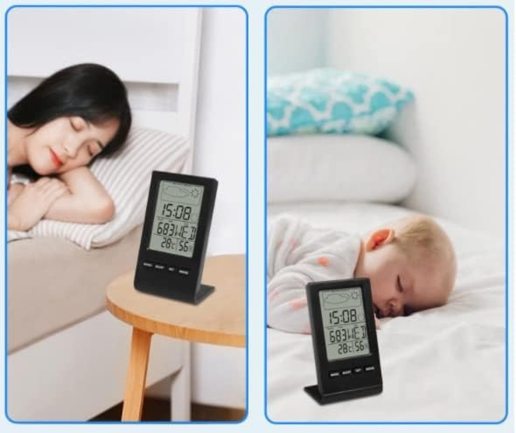 Eine Frau schläft neben einem digitalen Thermometer. Ein Baby schläft neben einem digitalen Thermometer.