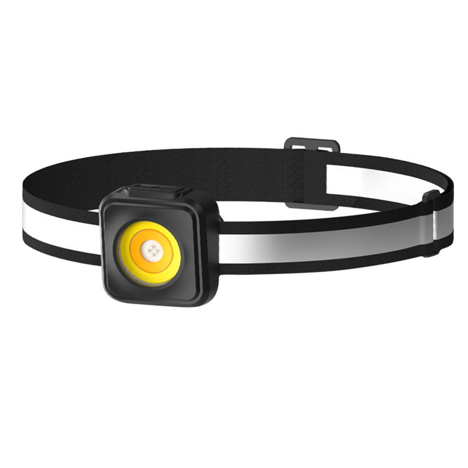 Eine schwarze Stirnlampe mit leuchtend gelbem Licht und reflektierenden Streifen.