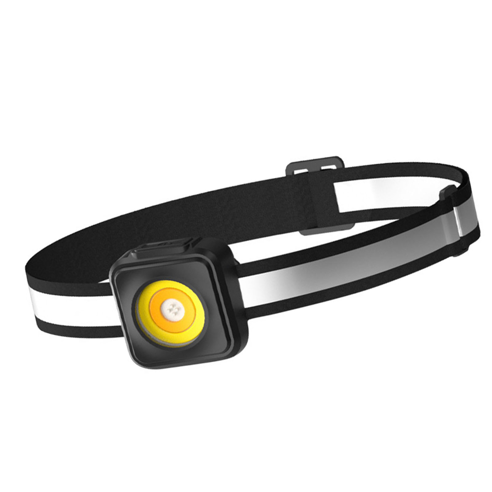 Schwarzes Stirnband mit heller LED-Leuchte und reflektierenden Streifen.