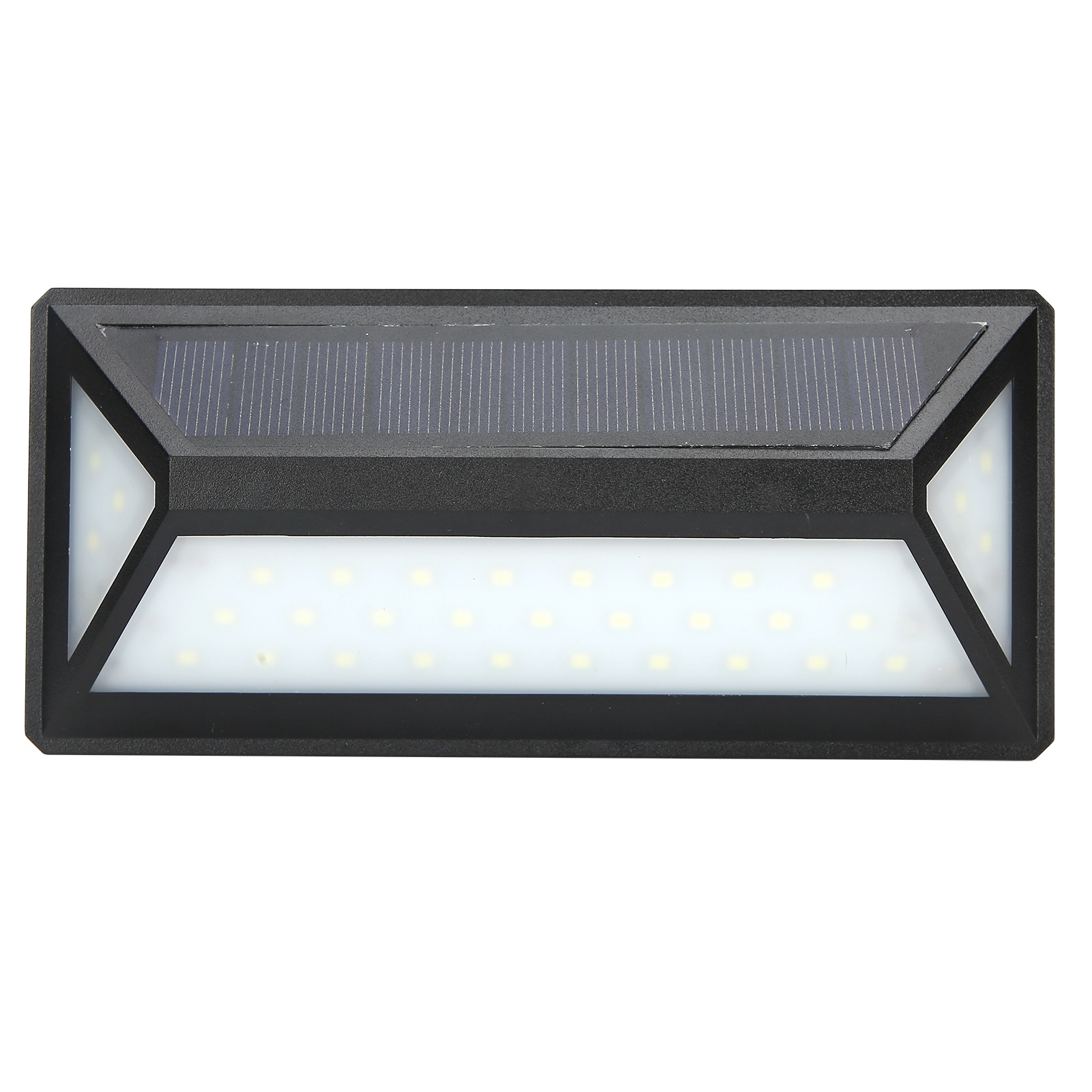 Schwarze Solarleuchte mit vielen LEDs und schwarzem Rahmen.