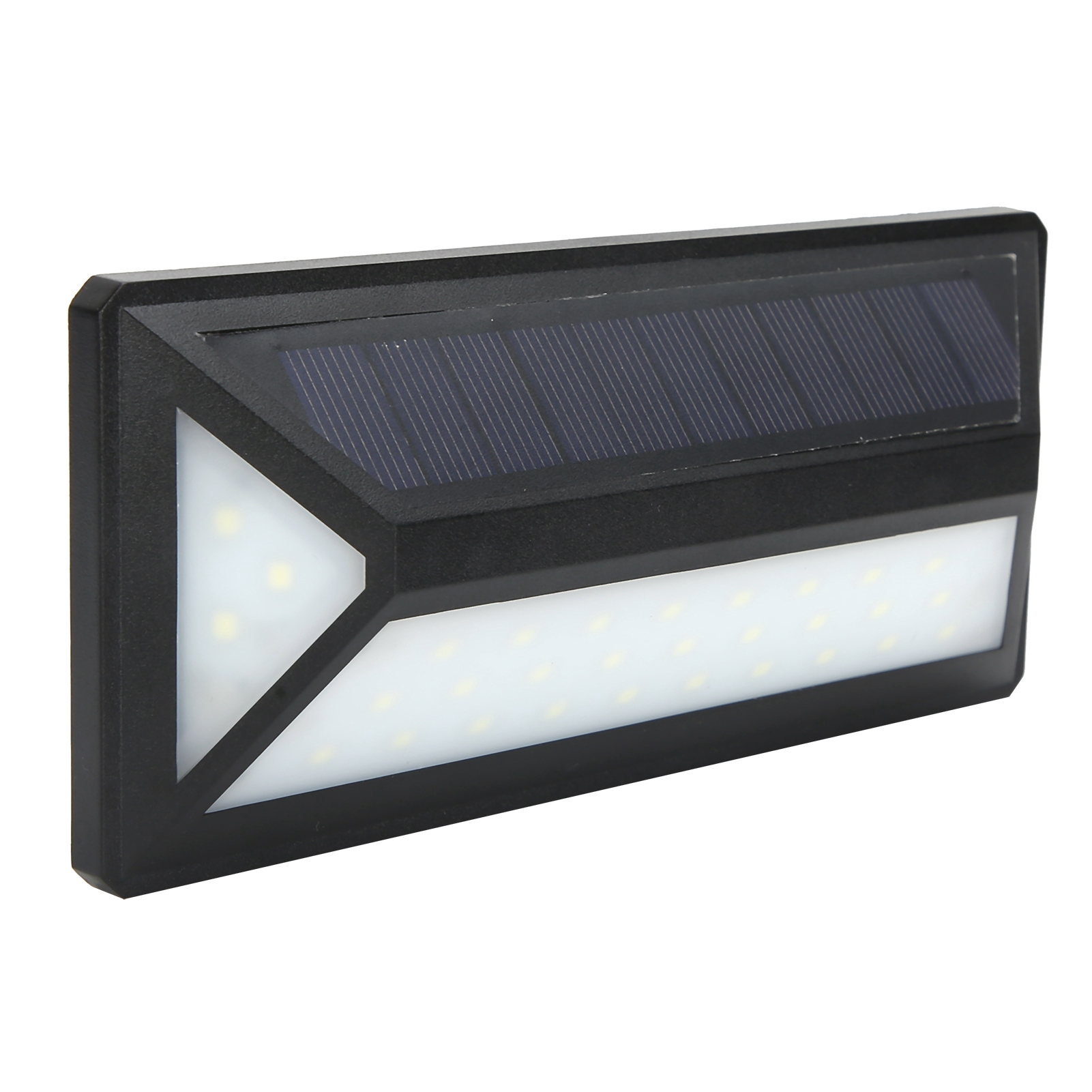 Schwarze Wandleuchte mit Solarpanel und vielen weißen LEDs.