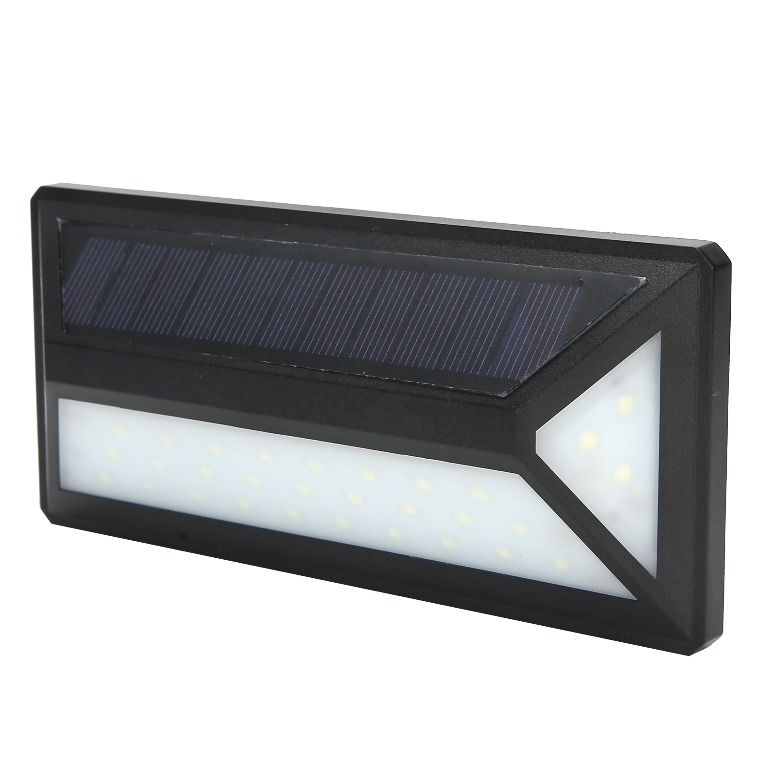 Schwarze Solarleuchte mit vielen LEDs und dunklem Solarpanel.