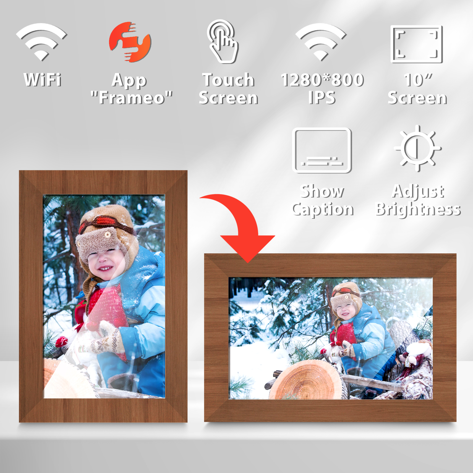 Ein Kind im Schnee mit Holz und Tannenbäumen. Digitale Fotorahmen-Funktionen.