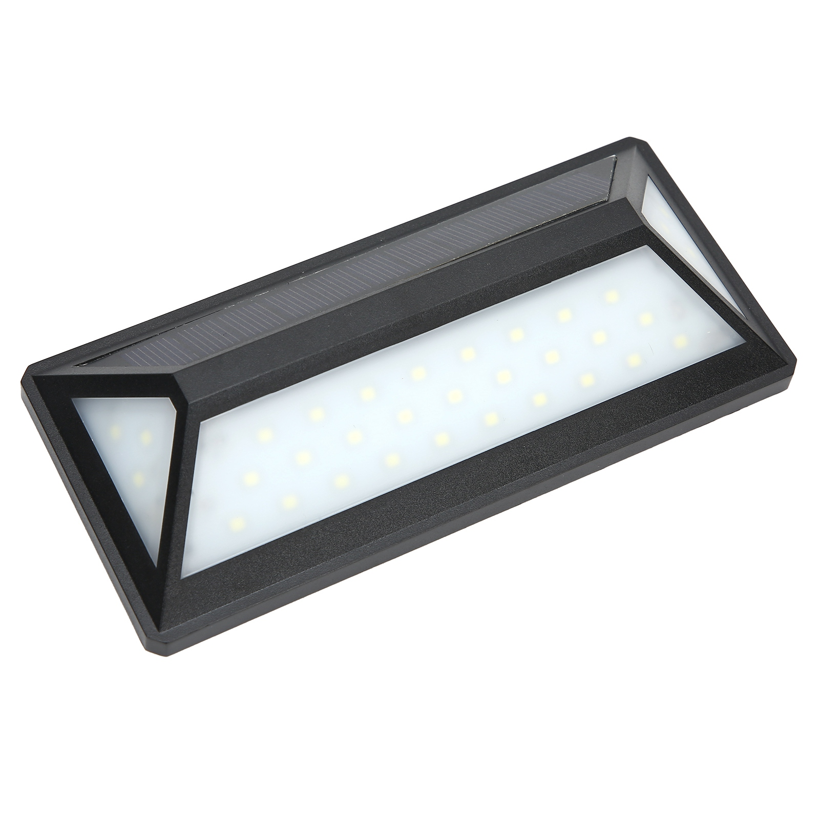 Ein schwarzer Solar-Außenwandleuchte mit 24 LEDs auf weißem Hintergrund.