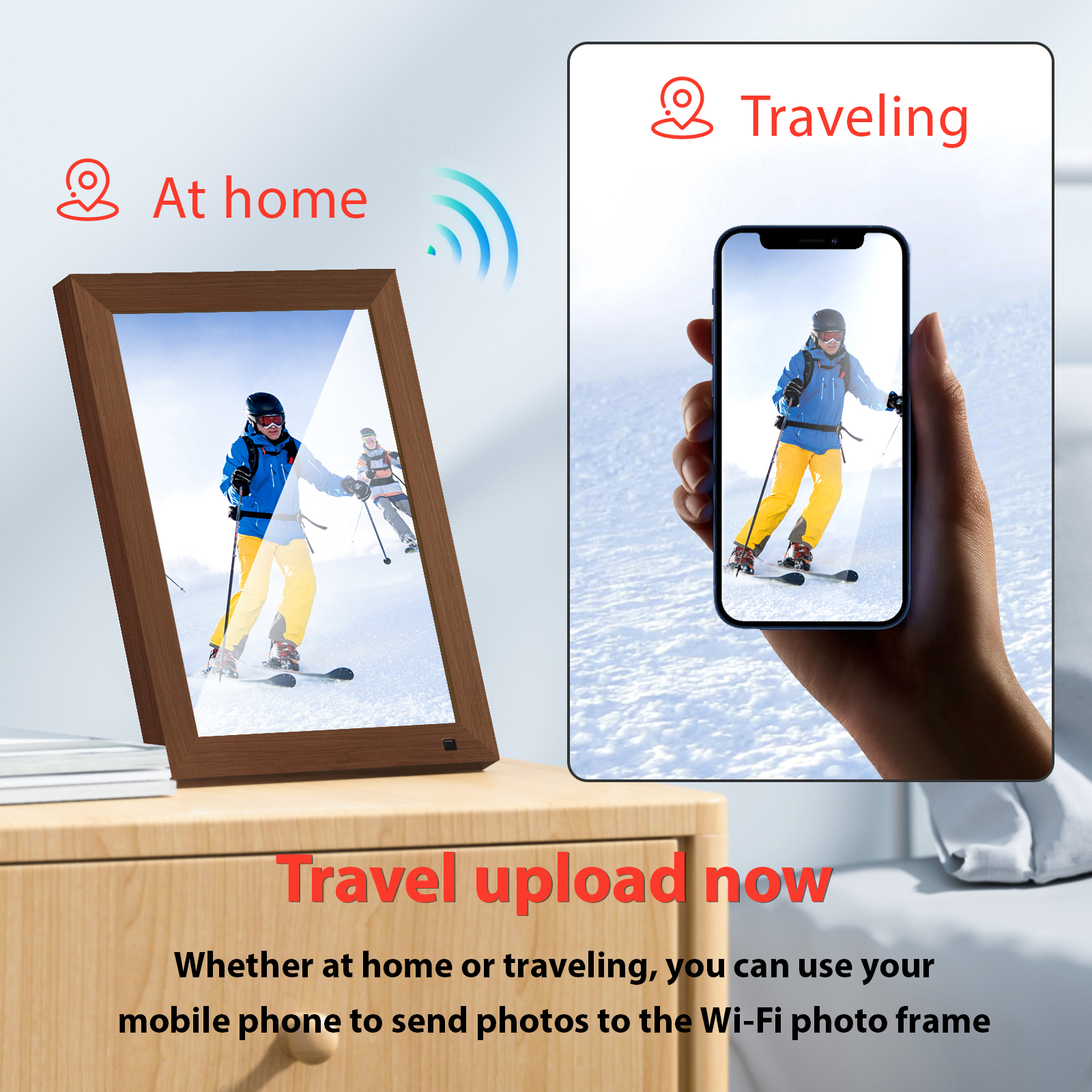 Ein Bilderrahmen und ein Handy zeigen Skifahrer im Schnee. Reisen.