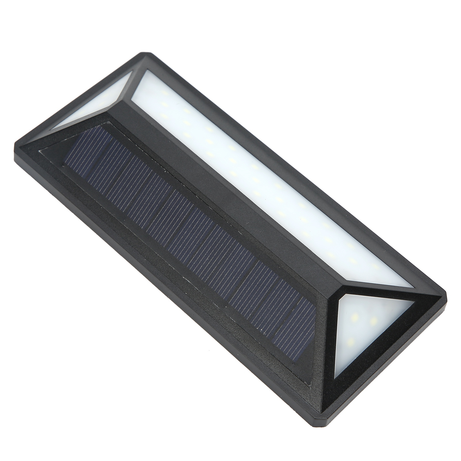Eine schwarze solarbetriebene Leuchte mit Solarpanel und weißen LEDs.