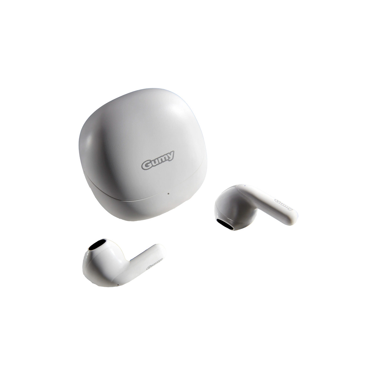 Una custodia di ricarica bianca con due auricolari wireless bianchi accanto.