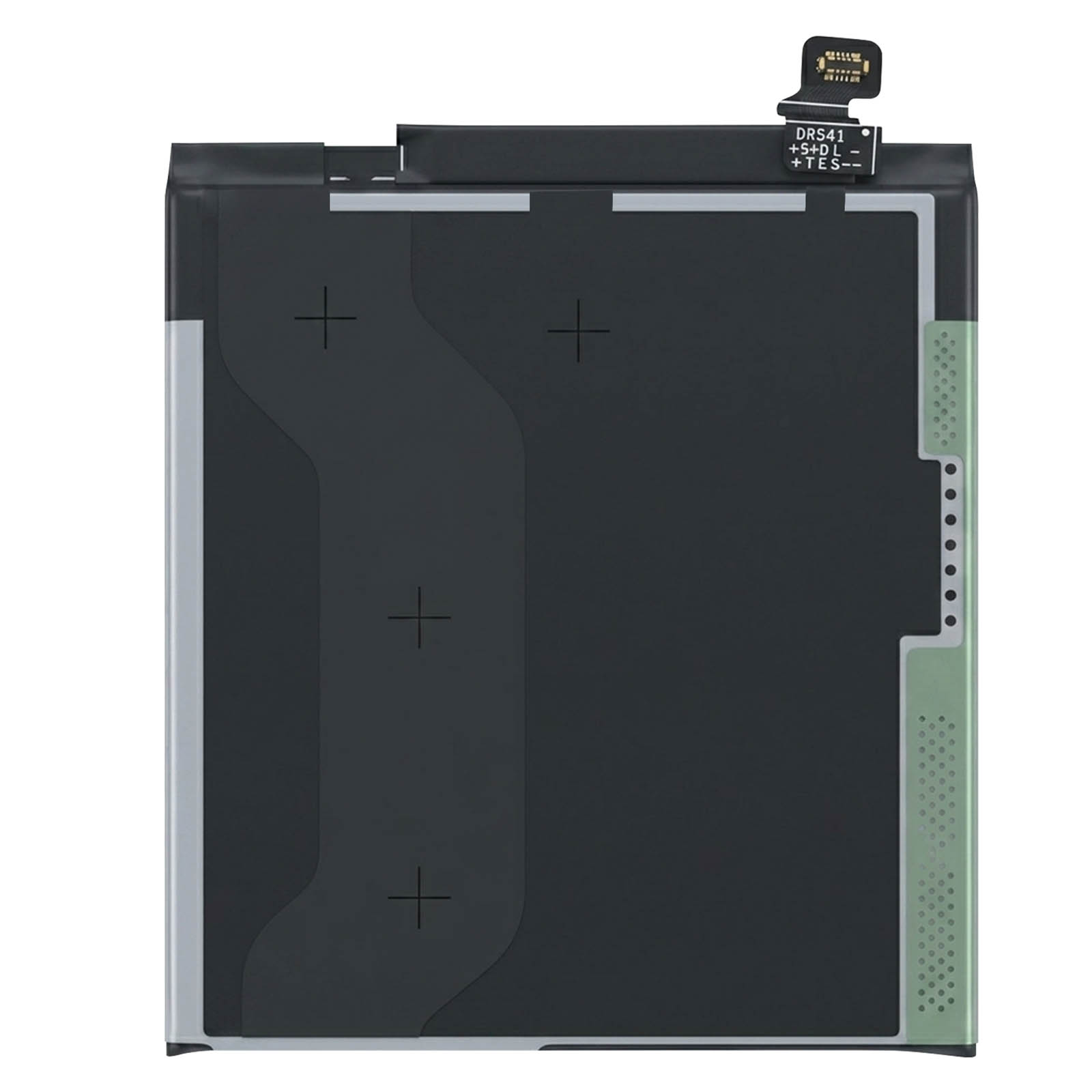 Una batería rectangular negra con conector verde y etiquetas de texto arriba.