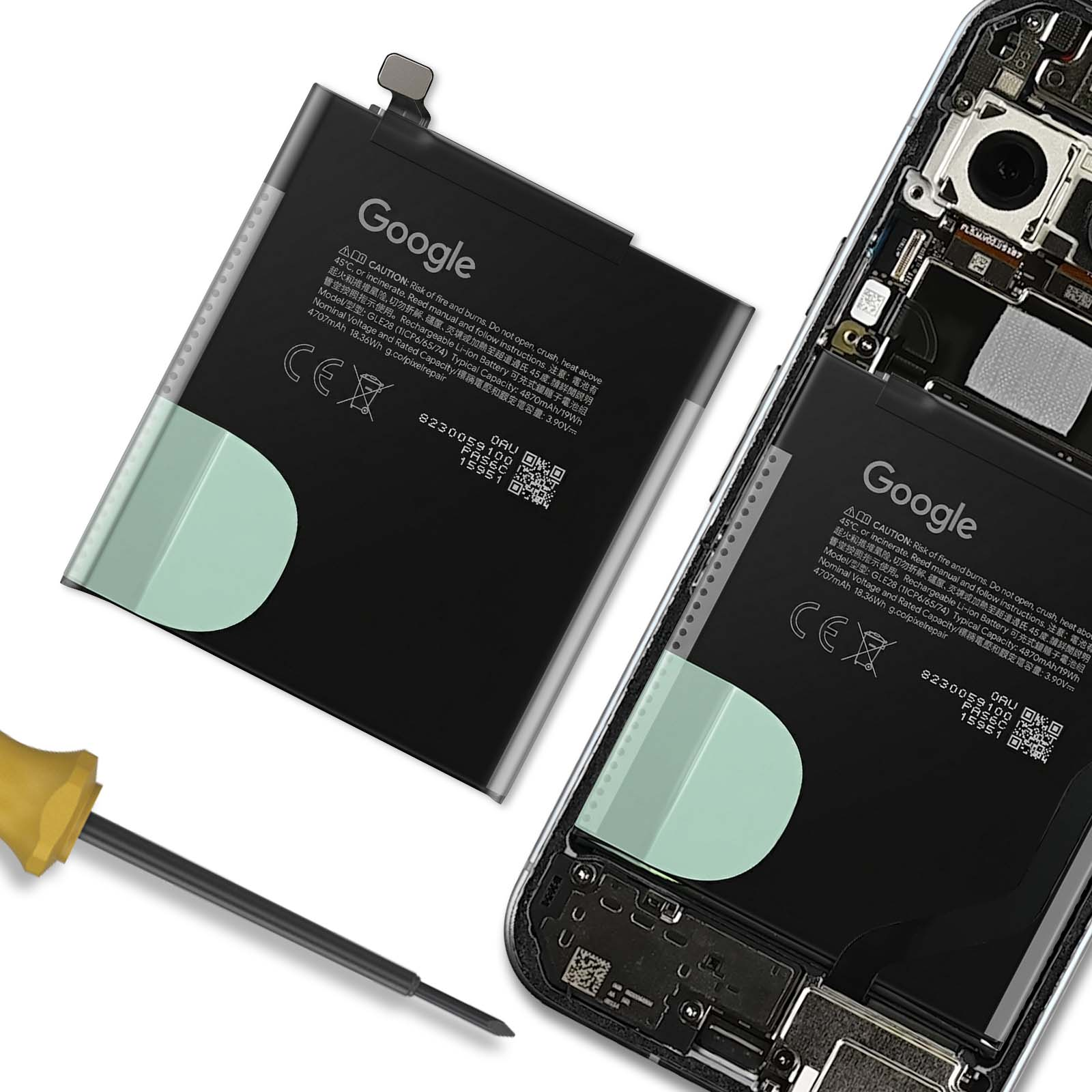 Una batería de teléfono y un teléfono abierto con una herramienta al lado.