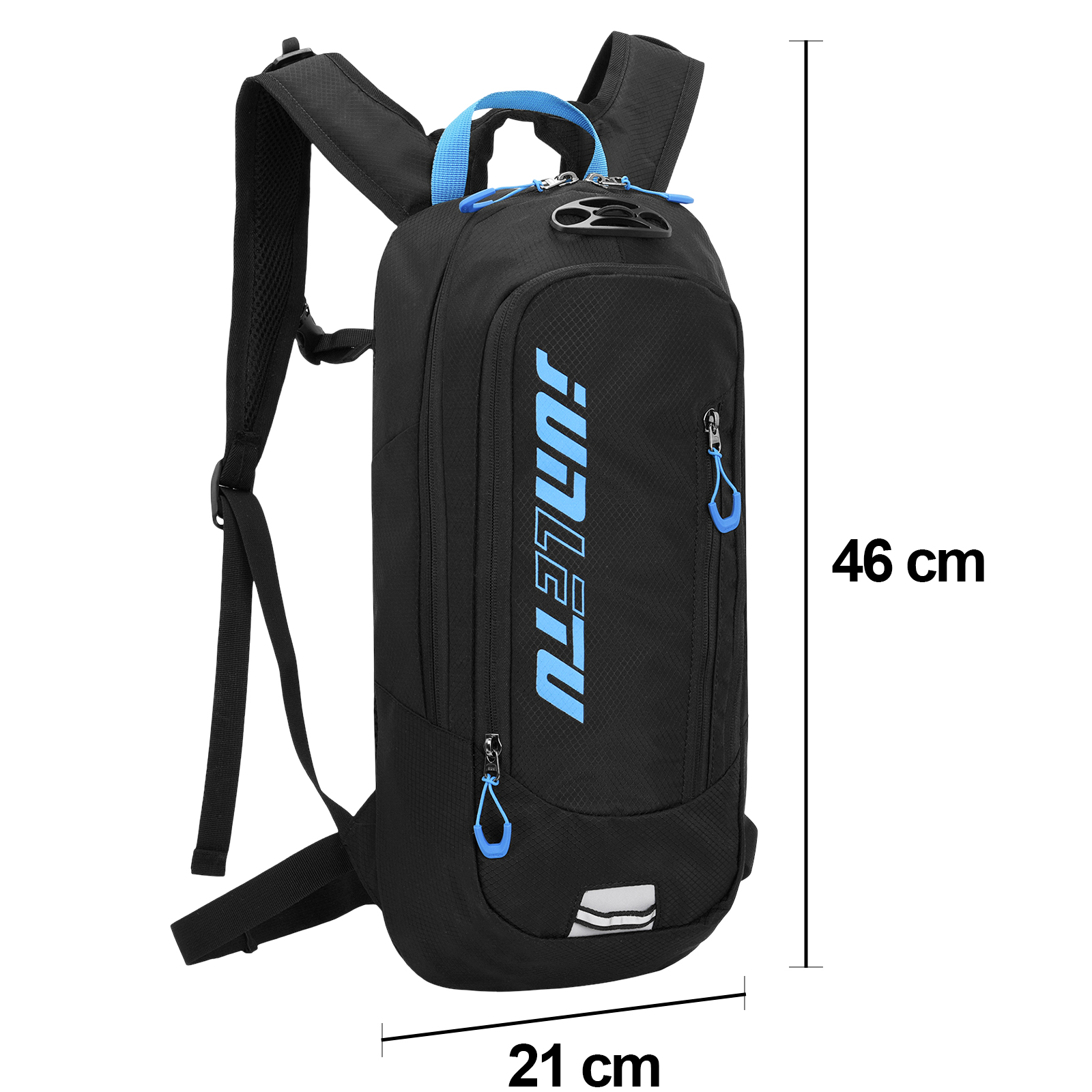 Schwarzer Rucksack mit blauen Akzenten und Maßen 46x21 cm.