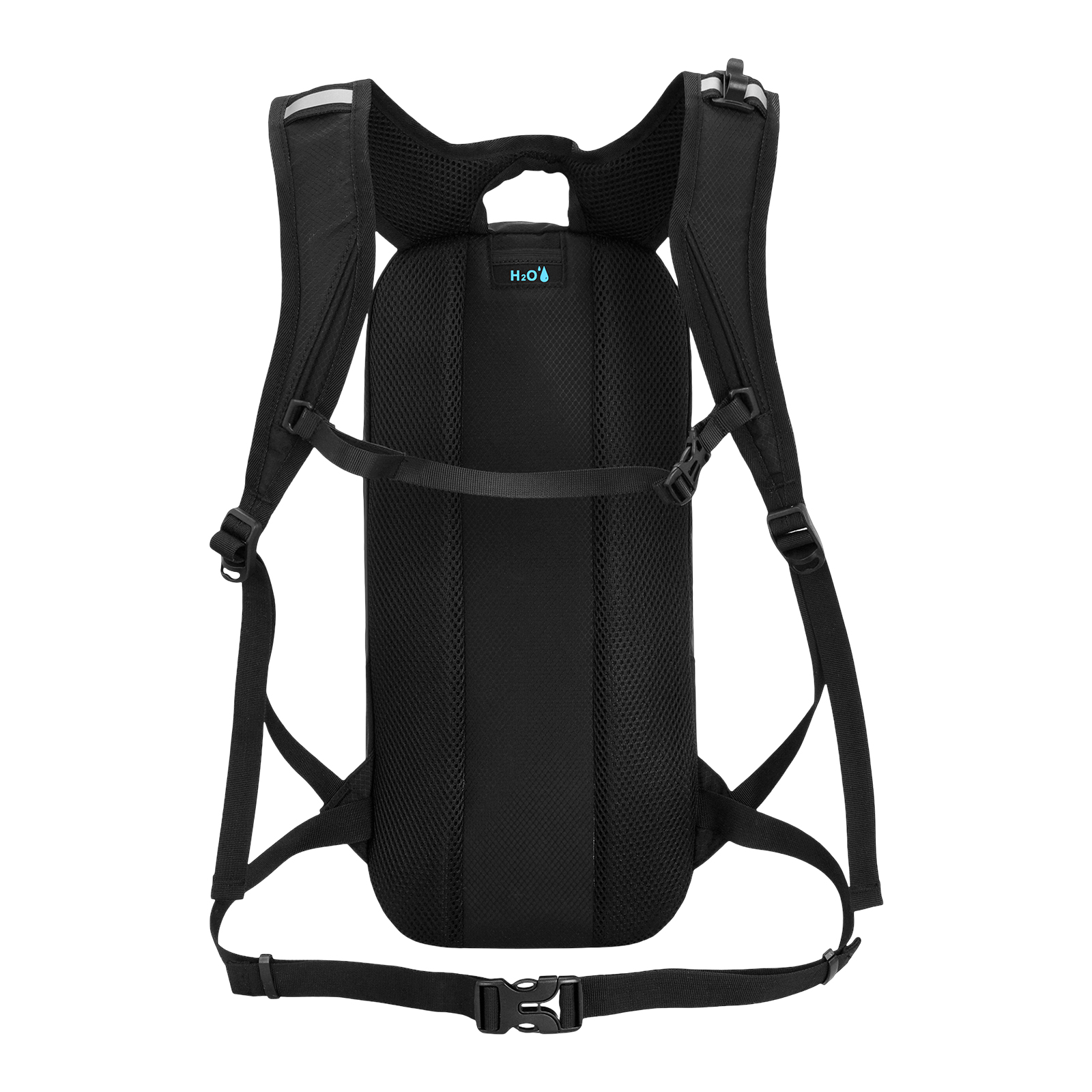 Schwarzer Rucksack mit gepolstertem Rücken und H2O-Logo.