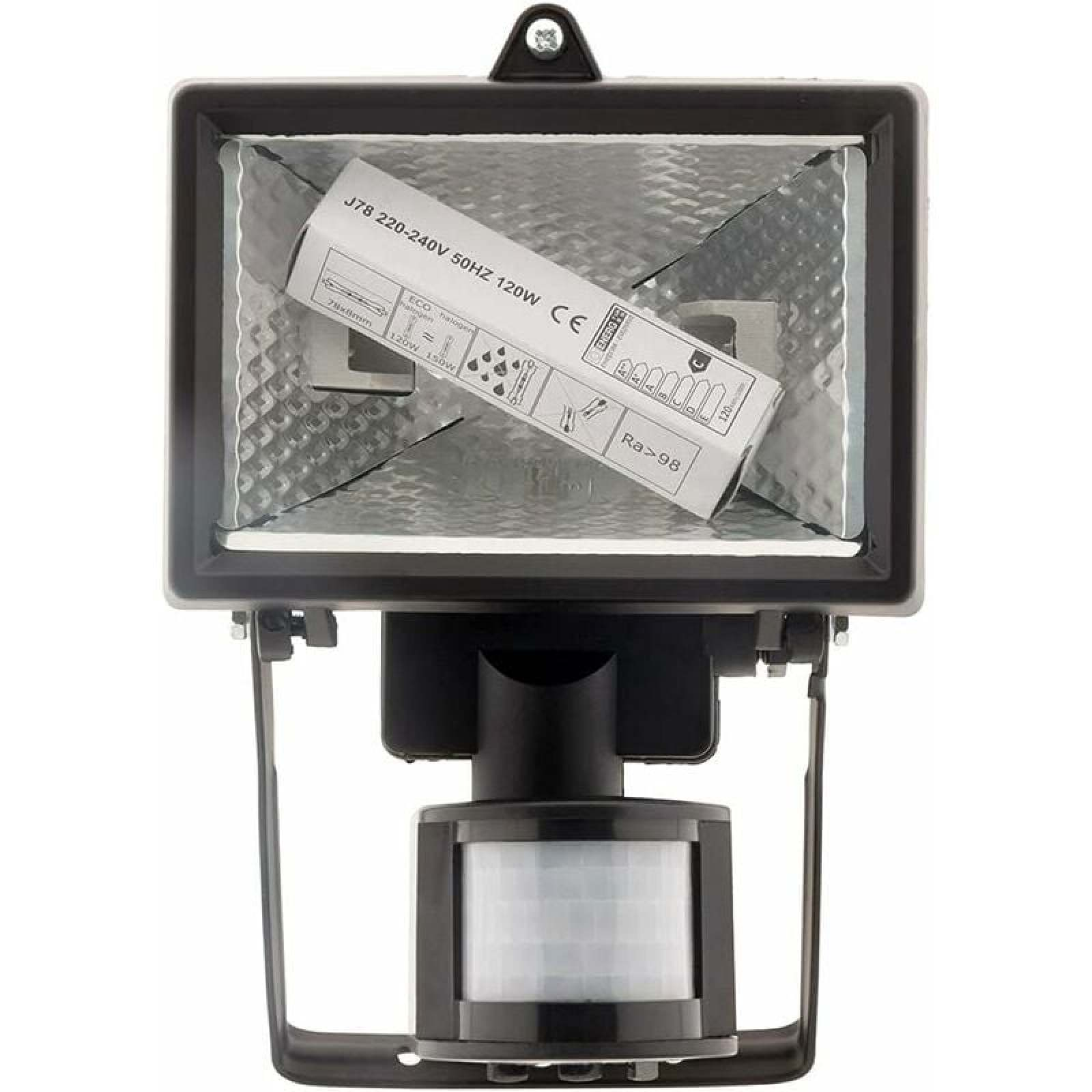 Ein schwarzer Flutlichtstrahler mit Bewegungsmelder und einem Etikett.