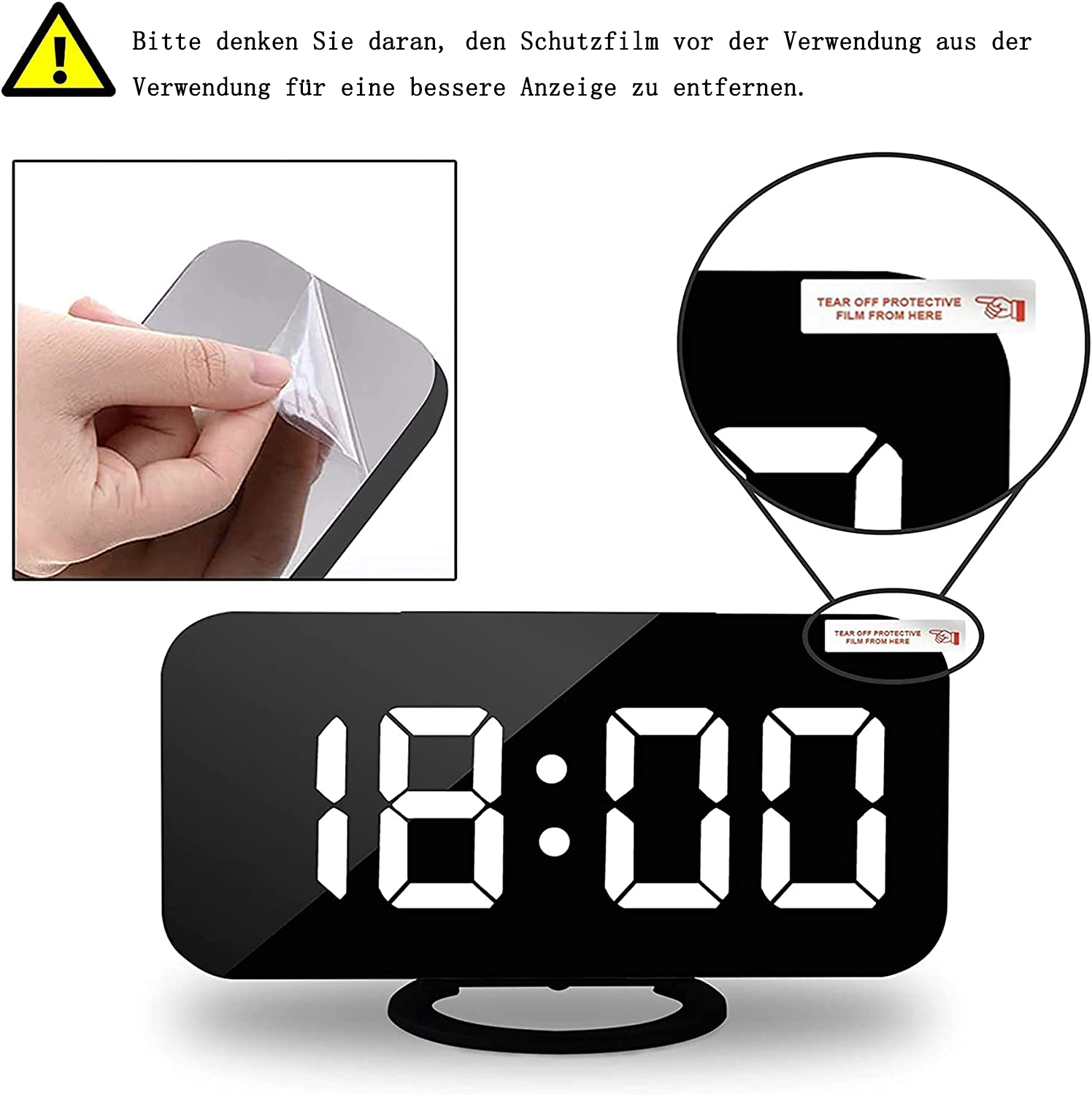 Ein digitaler Wecker zeigt 18:00 an. Ein Finger zieht Schutzfolie ab.