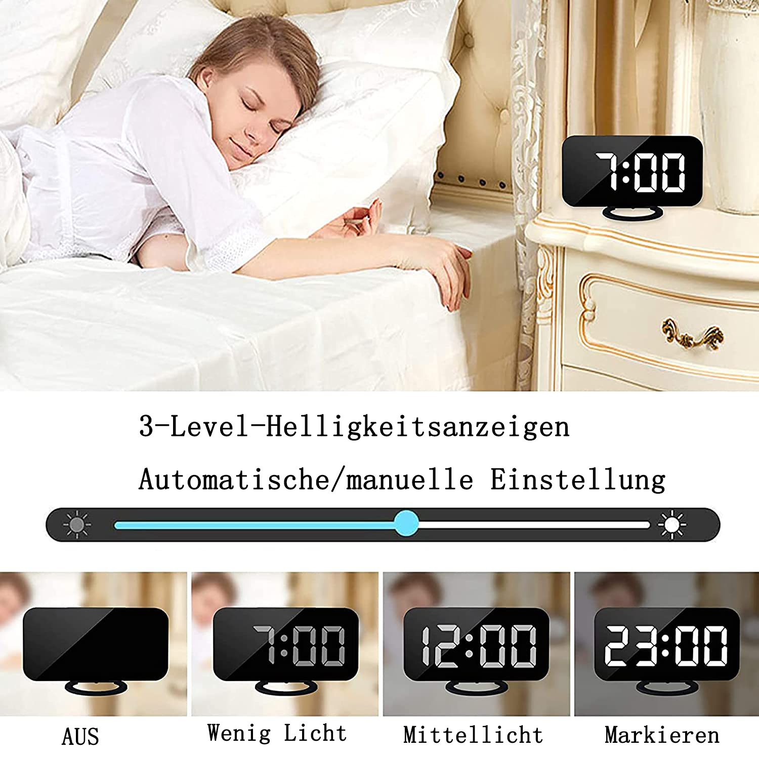 Frau schläft im Bett, digitaler Wecker zeigt 7:00 an, Helligkeitsregler.