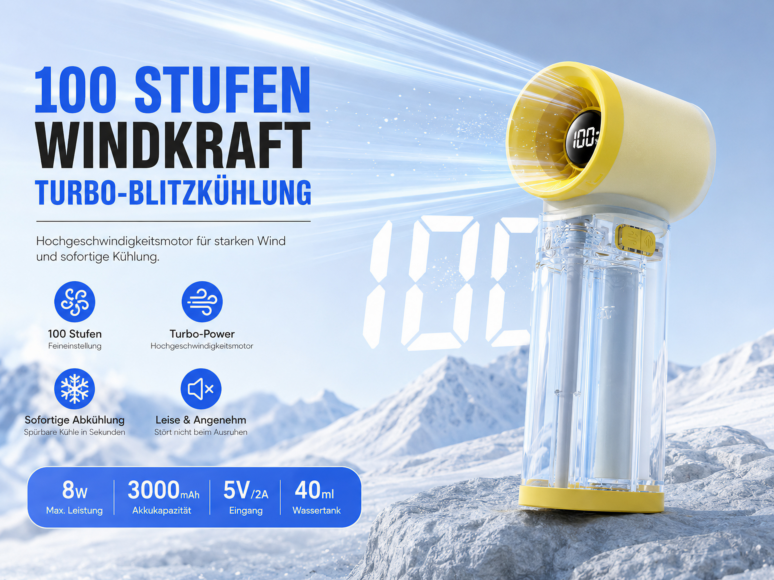 Ein gelber Ventilator mit transparenter Basis steht auf Stein vor verschneiten Bergen. Die Zahl 100 wird angezeigt.