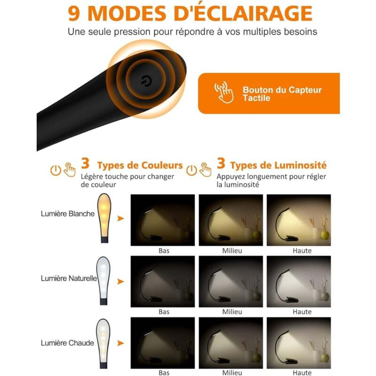 Anleitung für eine Lampe mit 9 Beleuchtungsmodi, 3 Farb- und 3 Helligkeitstypen.