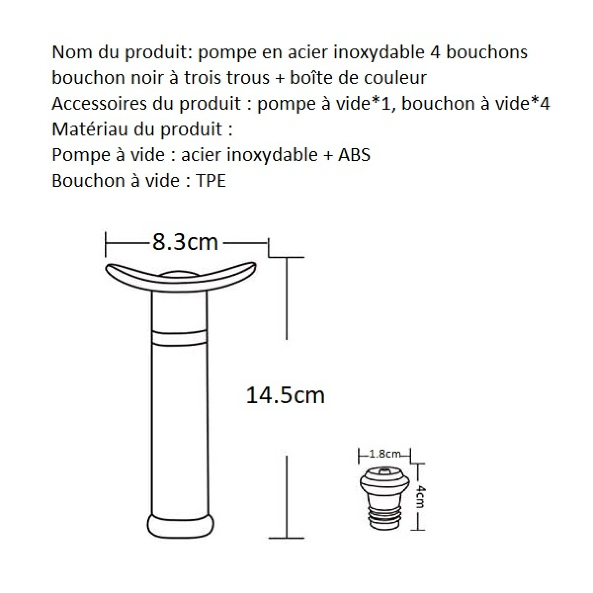 Zeichnung einer schwarzen Edelstahl-Vakuum-Pumpe mit 4 Verschlüssen. Maße sind angegeben.