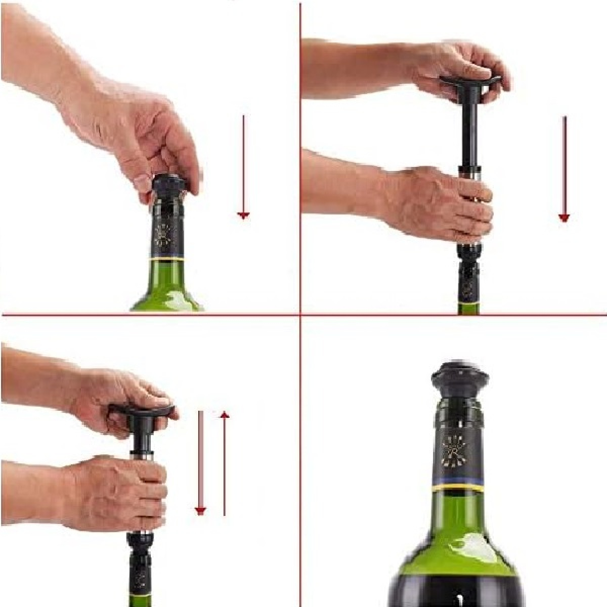 Schritt-für-Schritt-Anleitung: Weinverschluss auf Flasche setzen, pumpen, abnehmen.
