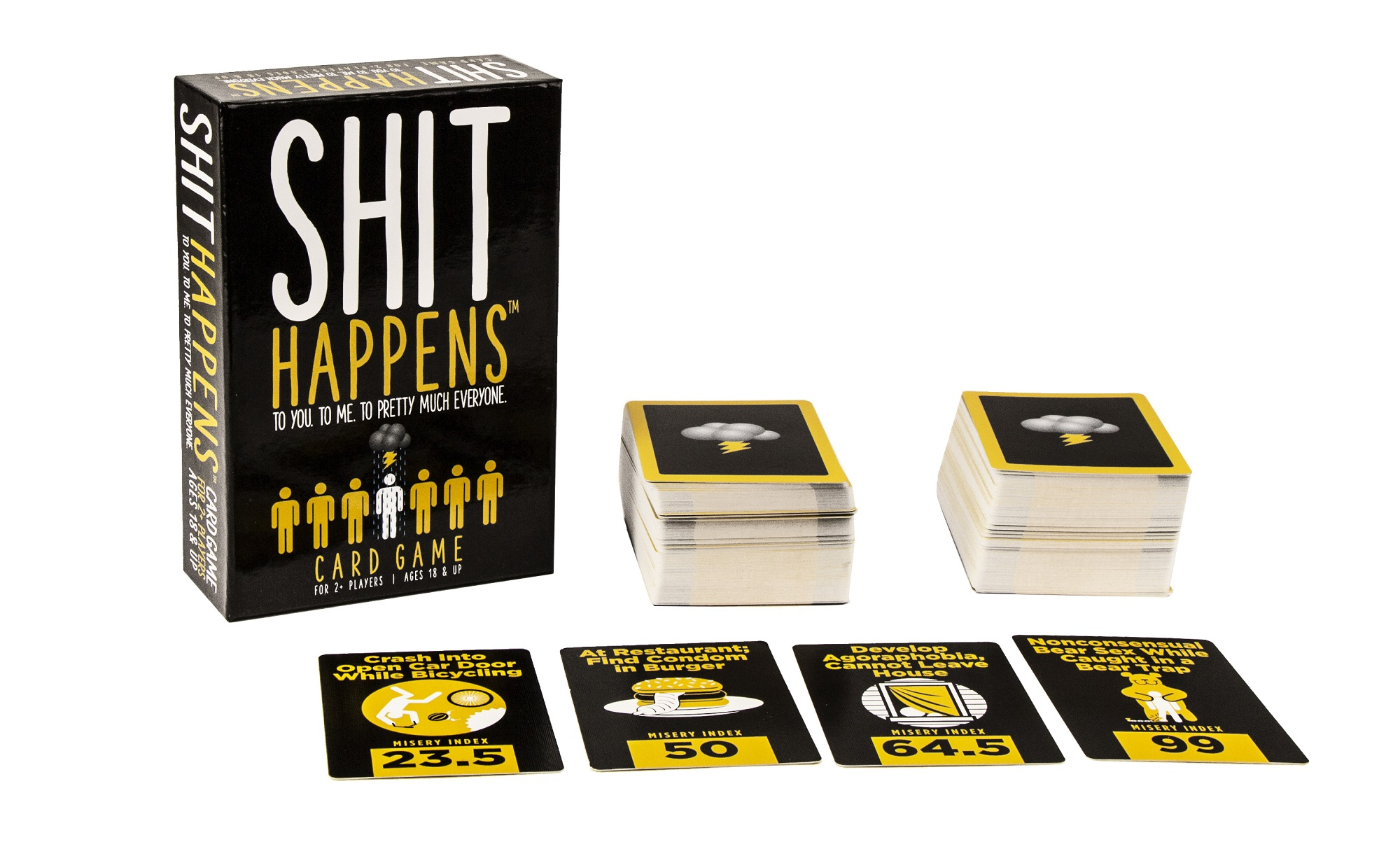 Spiel "Shit Happens" mit Kartenspiel, Kartenstapeln und Beispielkarten.
