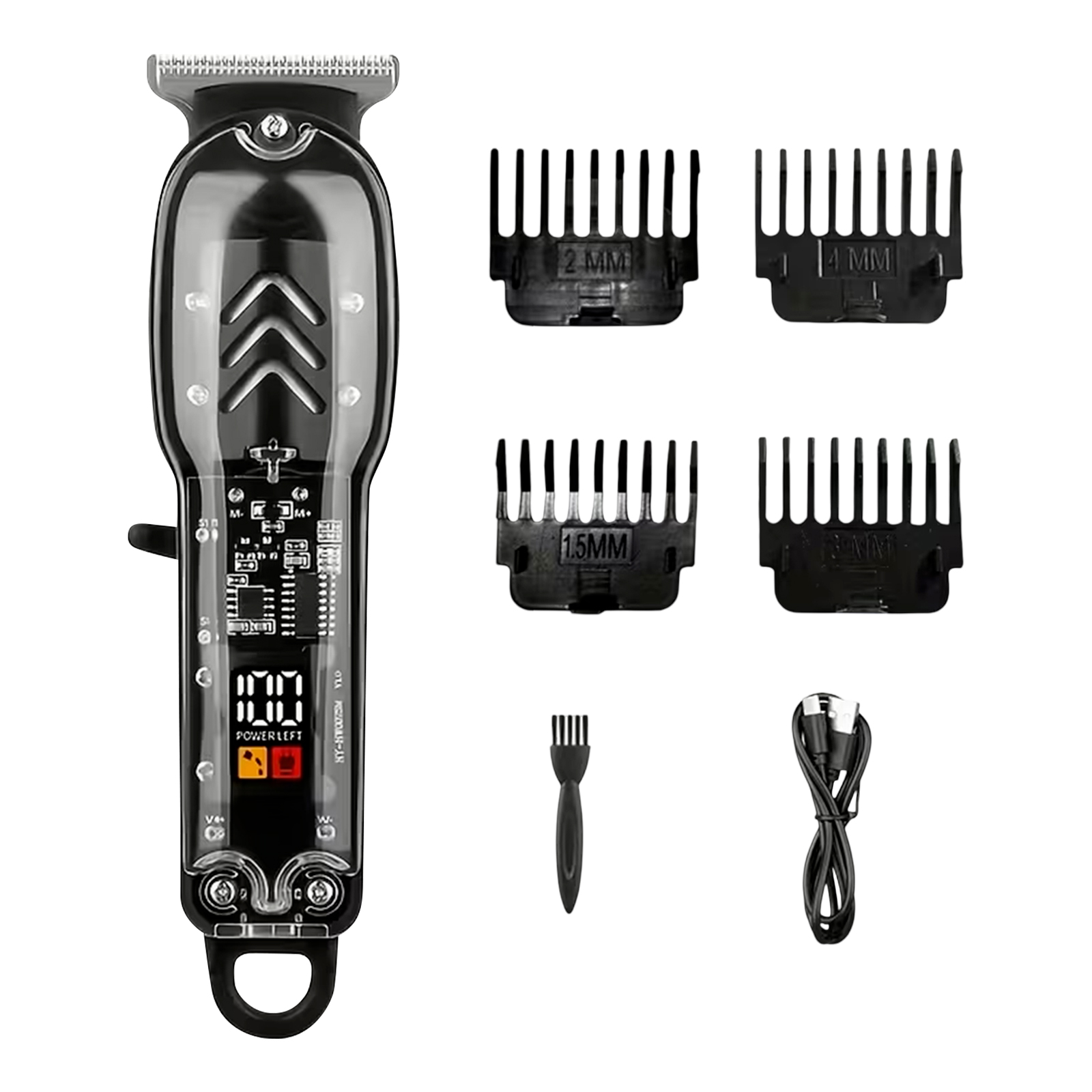 Transparenter Haarschneider mit Digitalanzeige, 4 Aufsätzen, Bürste und Kabel.