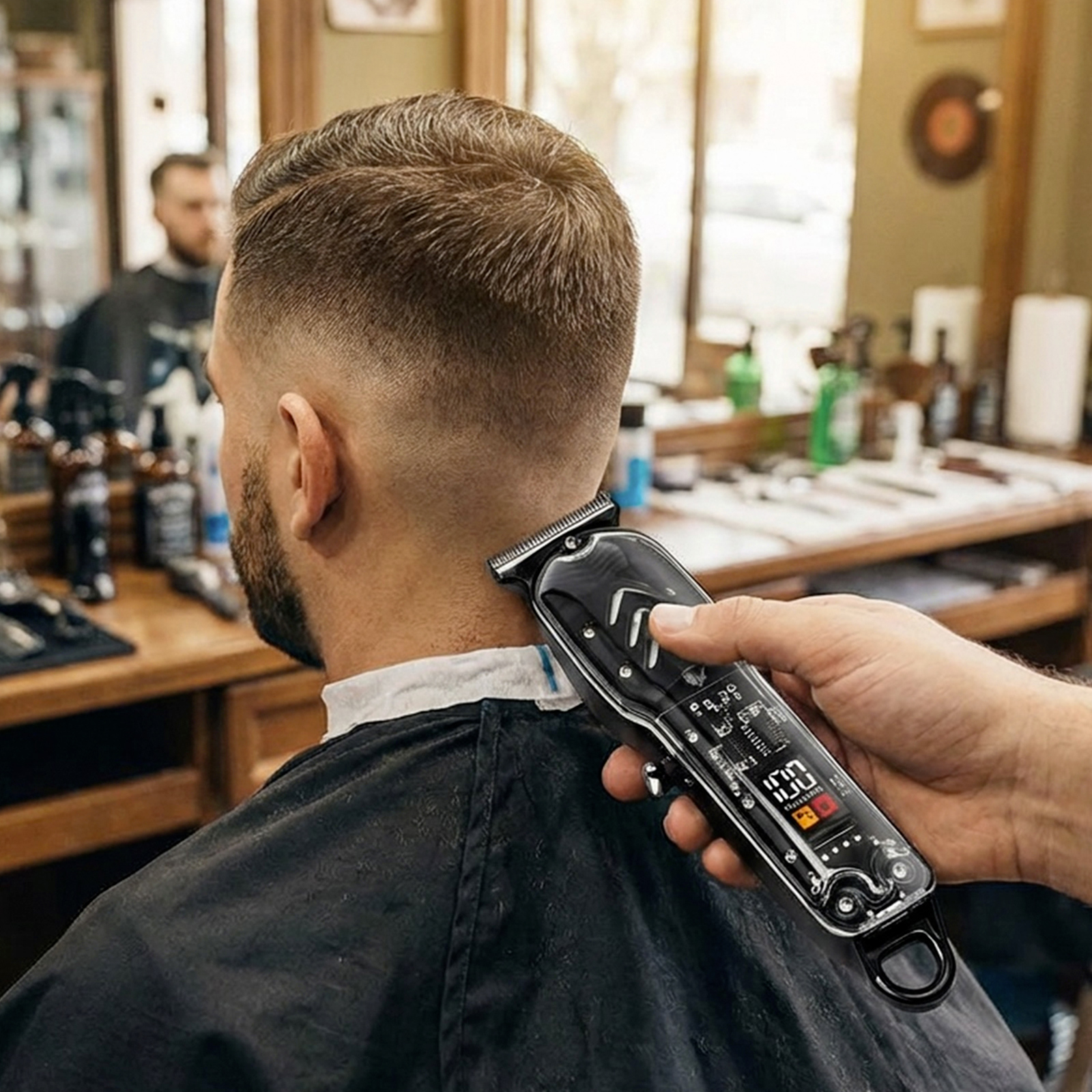Ein Barber schneidet mit einem schwarzen Haarschneider den Nacken eines Mannes im Friseursalon.