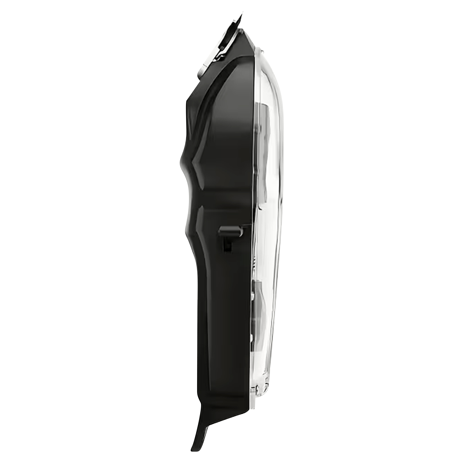 Ein schwarzer Haartrimmer mit transparentem Gehäuse, von der Seite gesehen.