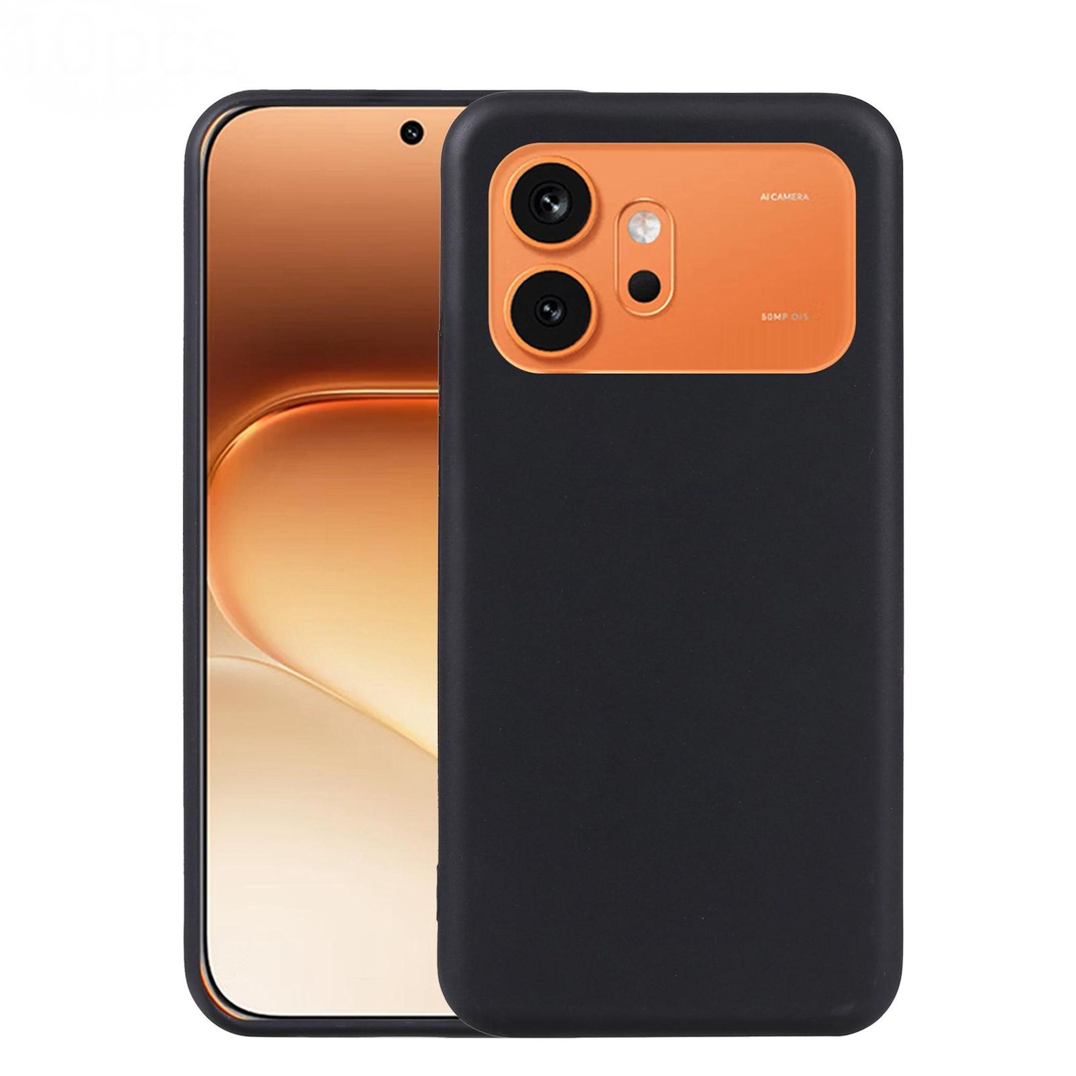 Ein schwarzes Handygehäuse überlappt ein bronzefarbenes Smartphone mit zwei Kameras.