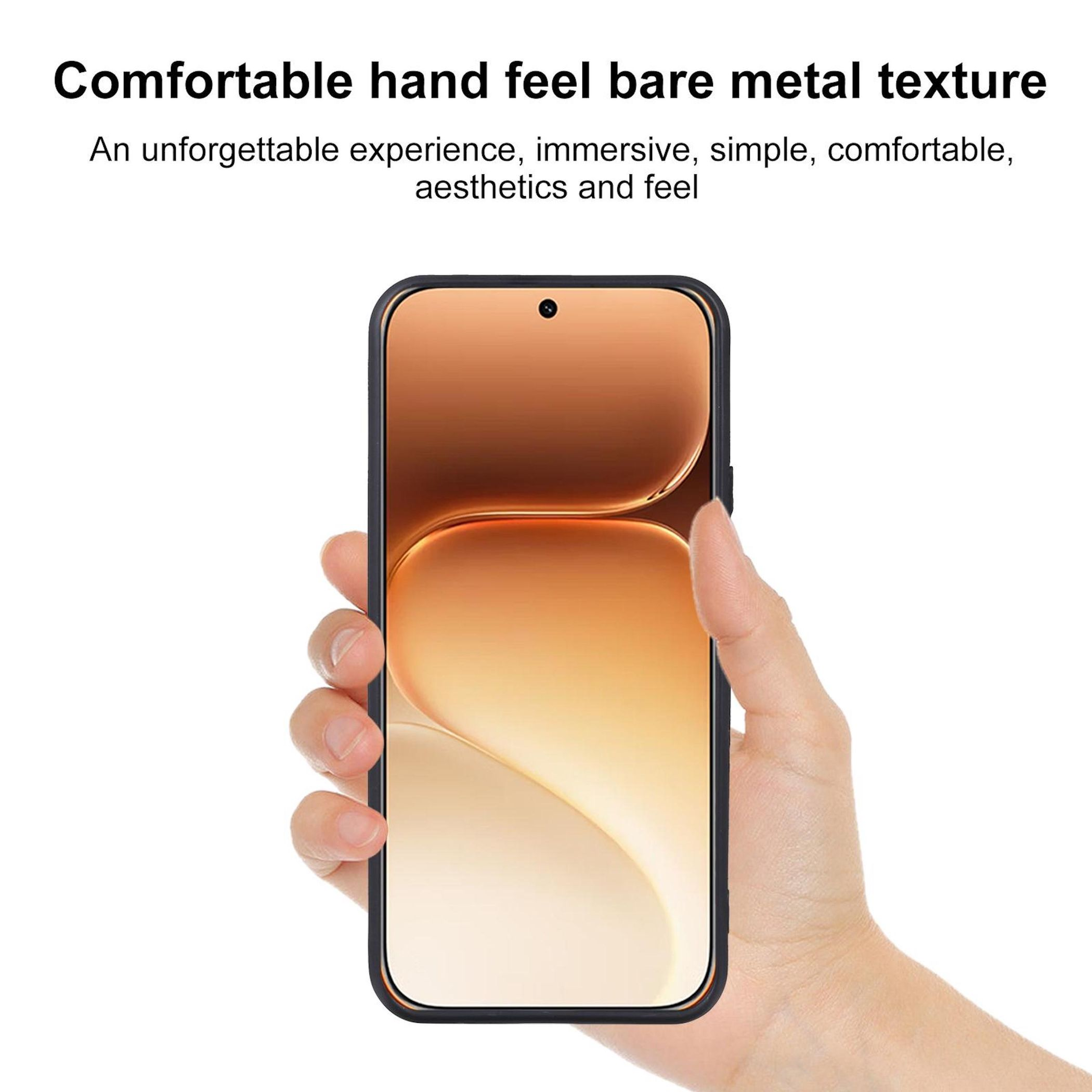 Eine Hand hält ein Smartphone mit einem goldbraunen Hintergrund.